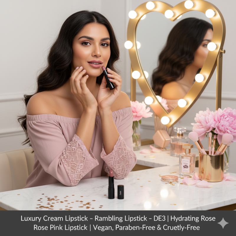 Image of Luxury Cream Lipstick – Rambling Rose – DE3 | Hydrating Rose Pink Lipstick | Vegan, Paraben-Free & Cruelty-Free