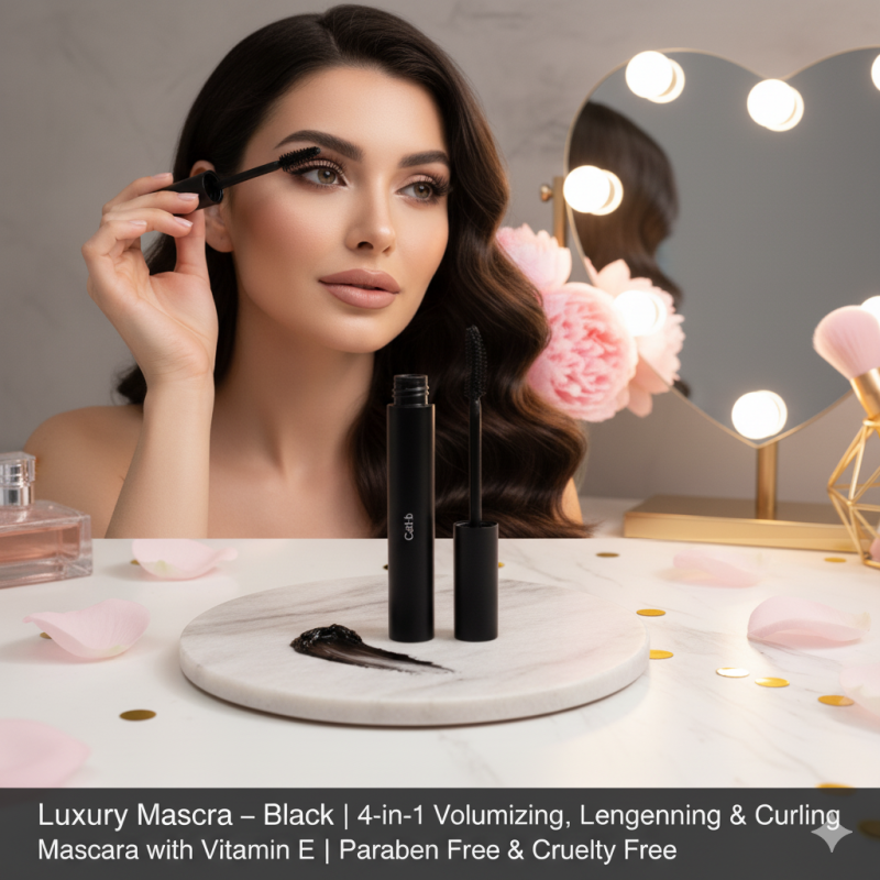 Image of Luxury Mascara – Black | 4-in-1 Volumizing, Lengthening & Curling Mascara with Vitamin E | Paraben Free & Cruelty Free