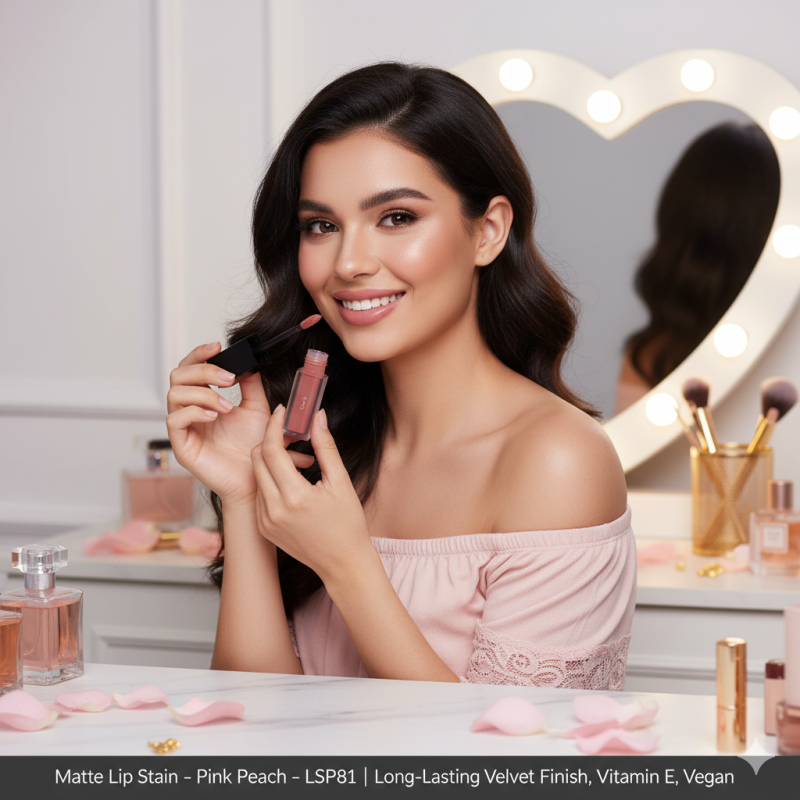 Image of Matte Lip Stain – Pink Peach – LSP81 | Long-Lasting Velvet Finish, Vitamin E, Vegan