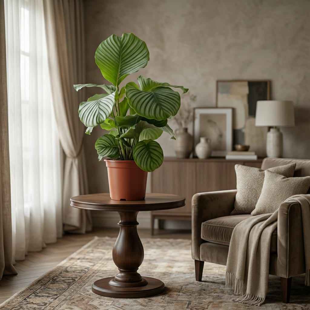Image of Korbmarante Calathea orbifolia – Ø21cm – 60-70cm hoch – Elegante Zimmerpflanze mit silbrig – grünen Blättern – Pflegeleicht & luftreinigend-2