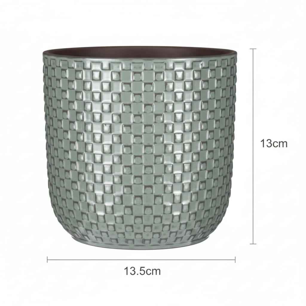 Image of Grüner Keramik Übertopf – D13,5cm – Salbeigrüner Blumentopf mit Reliefmuster – Dekorativer Pflanztopf für Zimmerpflanzen & Kräuter-4