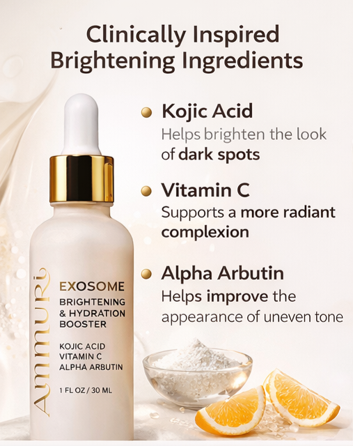 Image of Ammuri Exosome Booster Serum – Brightening & Hydration Booster with Kojic Acid, Vitamin C & Alpha Arbutin | Fades Dark Spots, Evens Skin Tone & Boosts Radiance | For Face & Body – 30ml-4