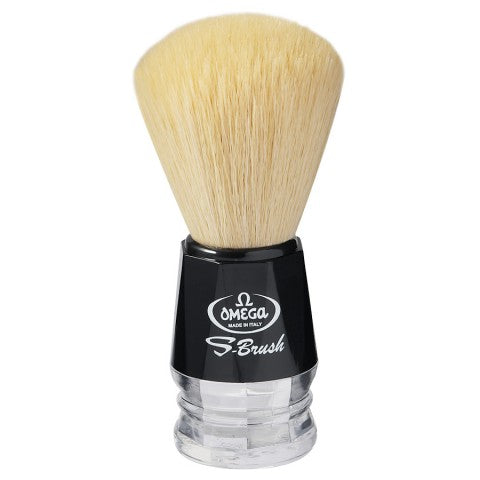 Image of Omega S-Brush synthetic fiber shaving brush, black and trasparent plastic handle-0