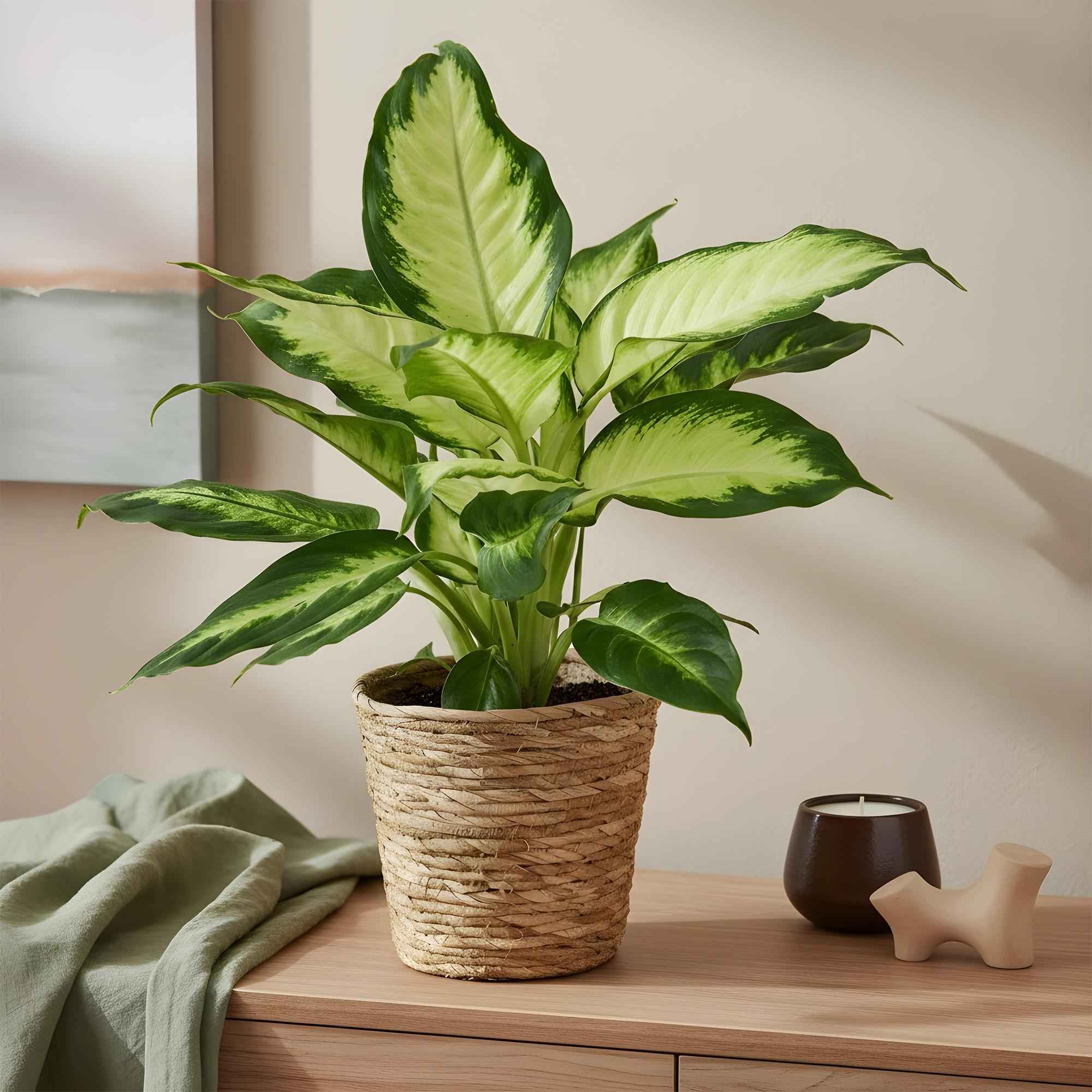 Image of Dieffenbachia Camilla – 45-50cm – 17cm inkl. Naturkorb – Pflegeleichte bunte Zimmerpflanze – Grün – creme gemustertes Blattwerk-3