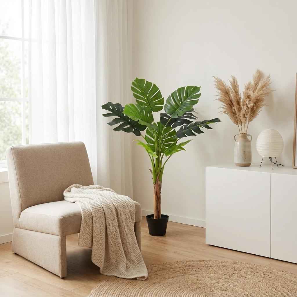 Image of Monstera Deliciosa Kunstpflanze 120cm – Große Fensterblatt Deko Pflanze – Pflegefreie Zimmerpflanze für Wohnzimmer Büro & Empfangsbereich-1