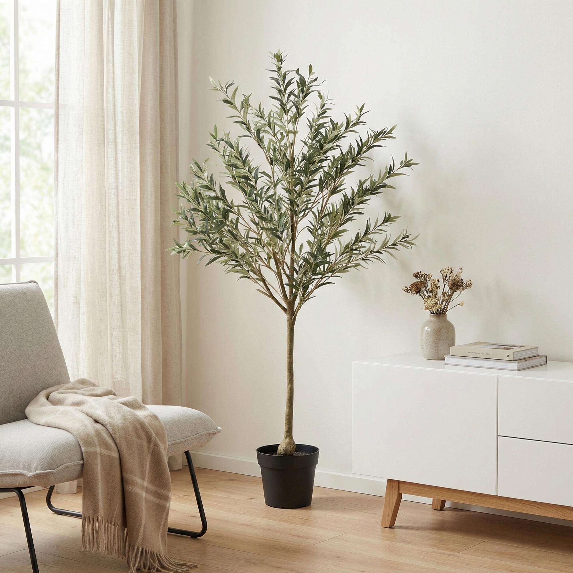 Image of Kunstpflanze Olivenbaum 170cm – realistischer künstlicher Deko – Baum im Topf für Wohnzimmer & Büro – mediterranes Ambiente ganzjährig, pflegeleicht-2