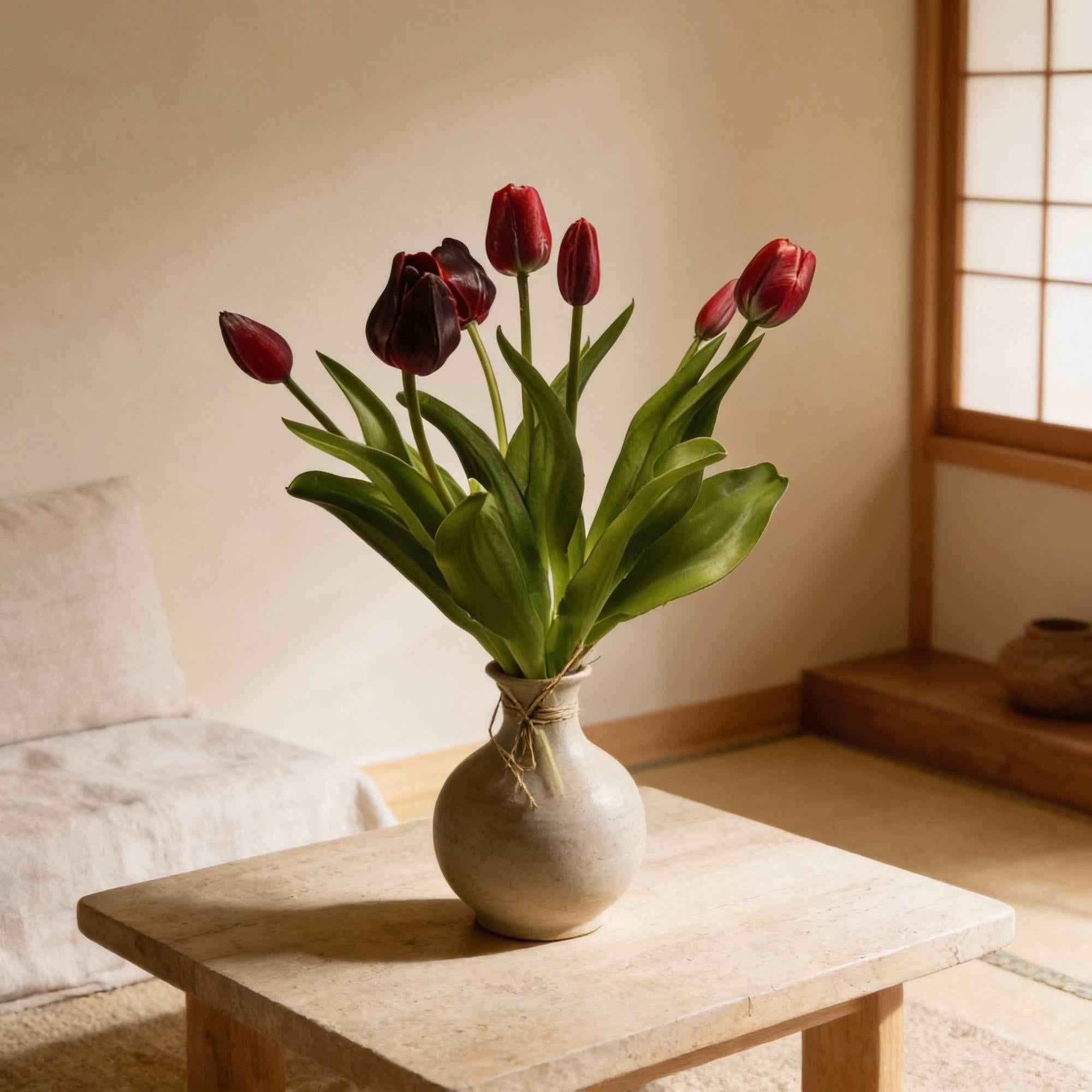 Image of Tulpenstrauß Dunkelrot Real Touch Kunsttulpen – 7 Stiele – 42cm – Kunstblumenstrauß in Bordeaux – Optik-3