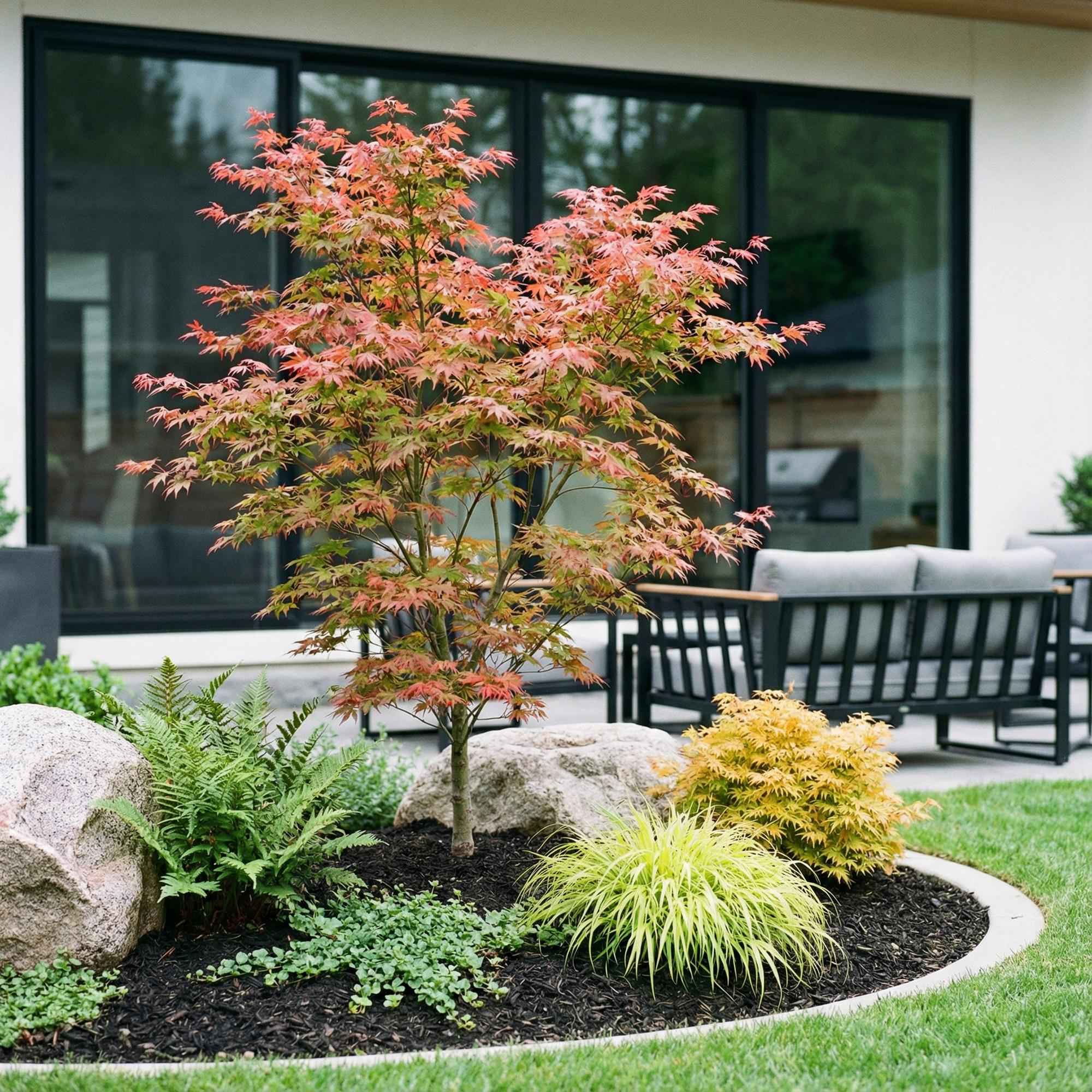 Image of Japanischer Ahorn Acer palmatum Beni Maiko, rote laubabwerfende Gartenpflanze, Zierahorn für Garten und Kübel, Ø26cm, 90cm hoch, für halbschattige