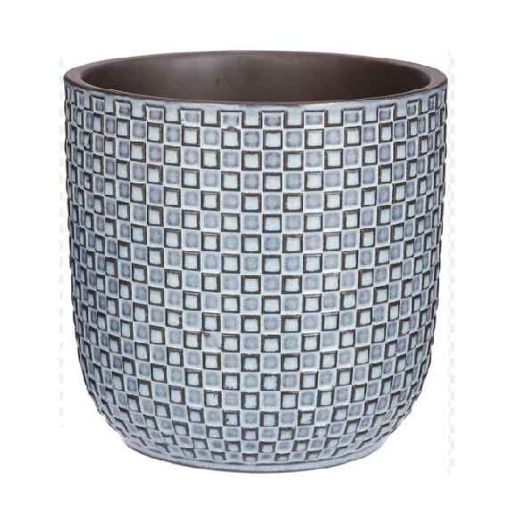 Image of Blumentopf Relief – Blau – Ø13,5cm – Keramik Übertopf mit feinem Strukturmuster – Glänzende Glasur – Moderner Pflanztopf für kleine Zimmerpflanzen & Sukkulenten-0