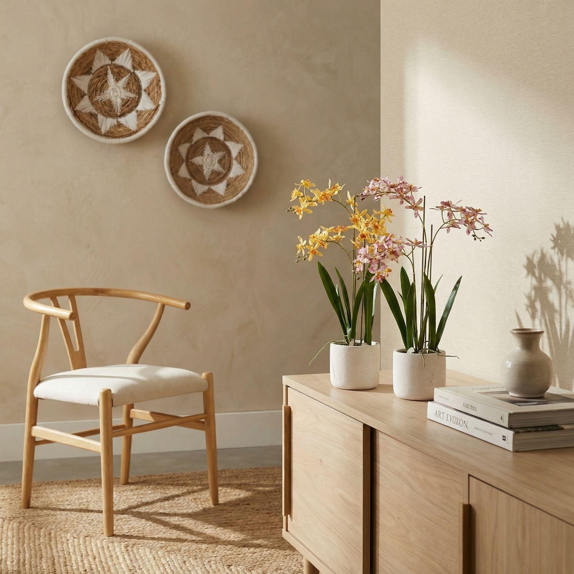 Image of Künstliche Renanthera Orchidee 56cm im Topf – gelb orange blühende Kunstpflanze im grauen Topf-4
