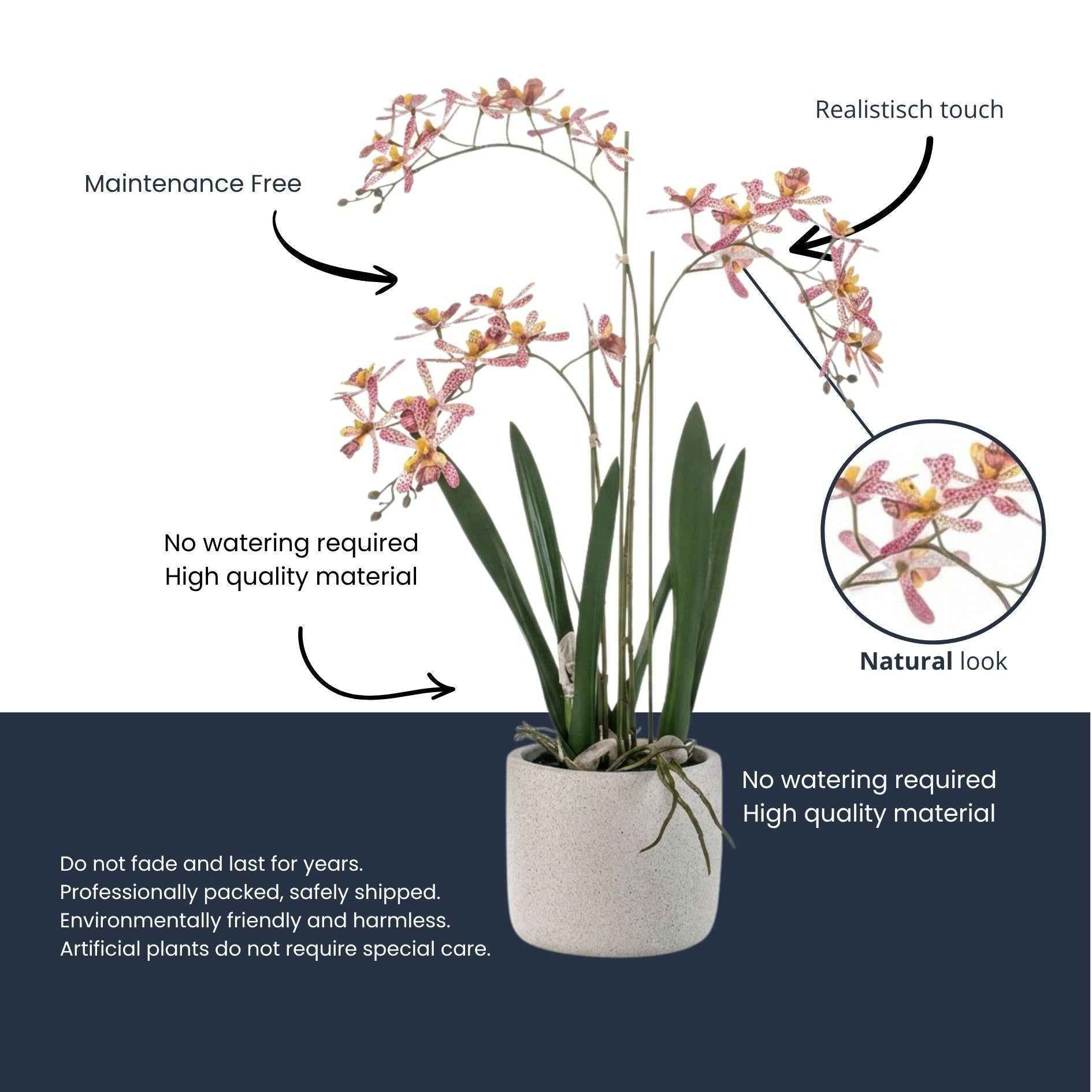 Image of Künstliche Renanthera Orchidee 56cm im Topf – gelb orange blühende Kunstpflanze im grauen Topf-1