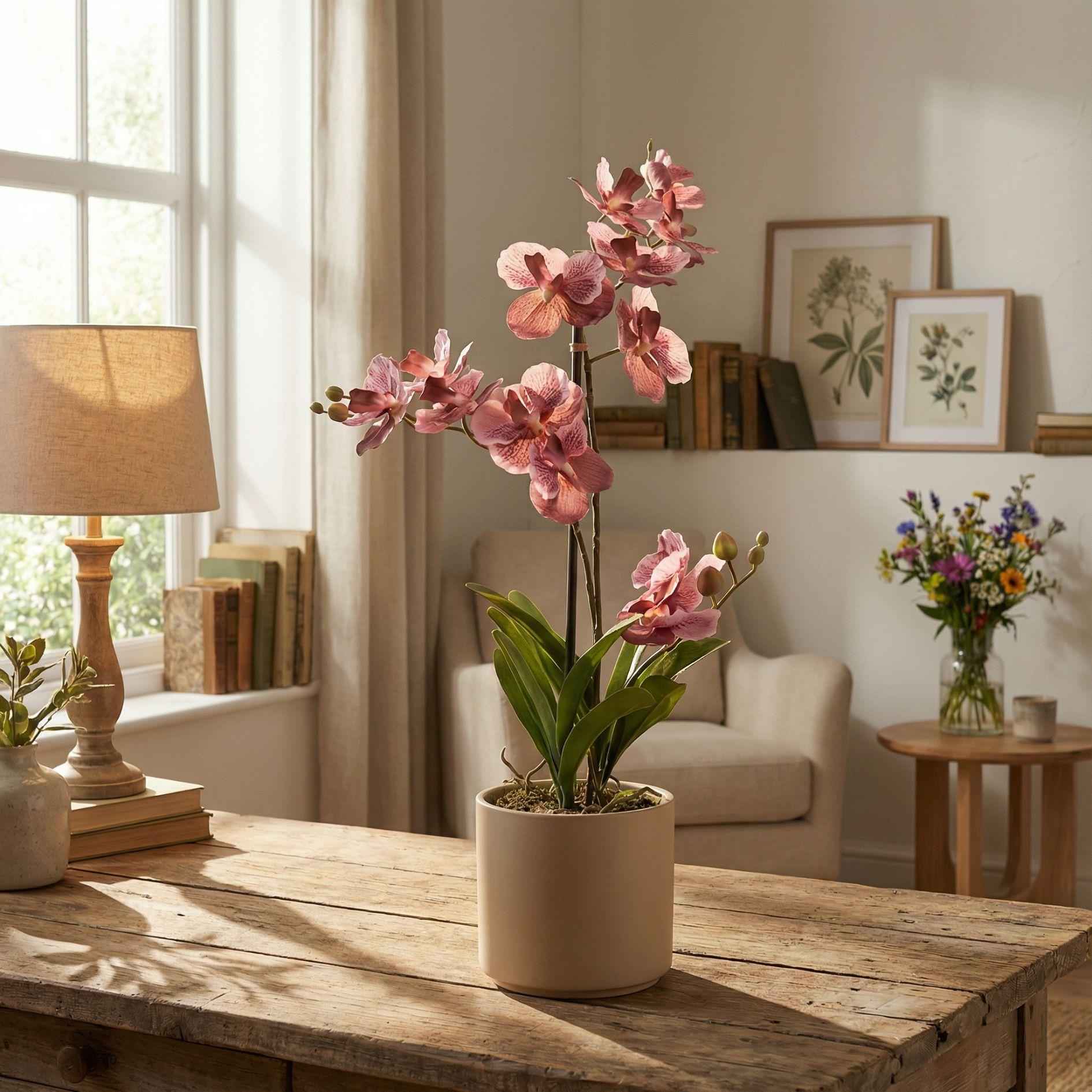 Image of Orchidee Vanda Kunstpflanze – ca.60cm – Altrosa – Künstliche Orchidee im Topf – Pflegefreie Deko Pflanze für Wohnzimmer Büro & Empfangsbereich-3