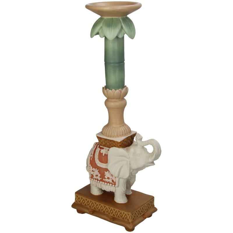Image of Kerzenständer Elefant Rosa/Grün – Polyresin – 34,5cm – Exotische Deko für Tisch, Sideboard & Fensterbank