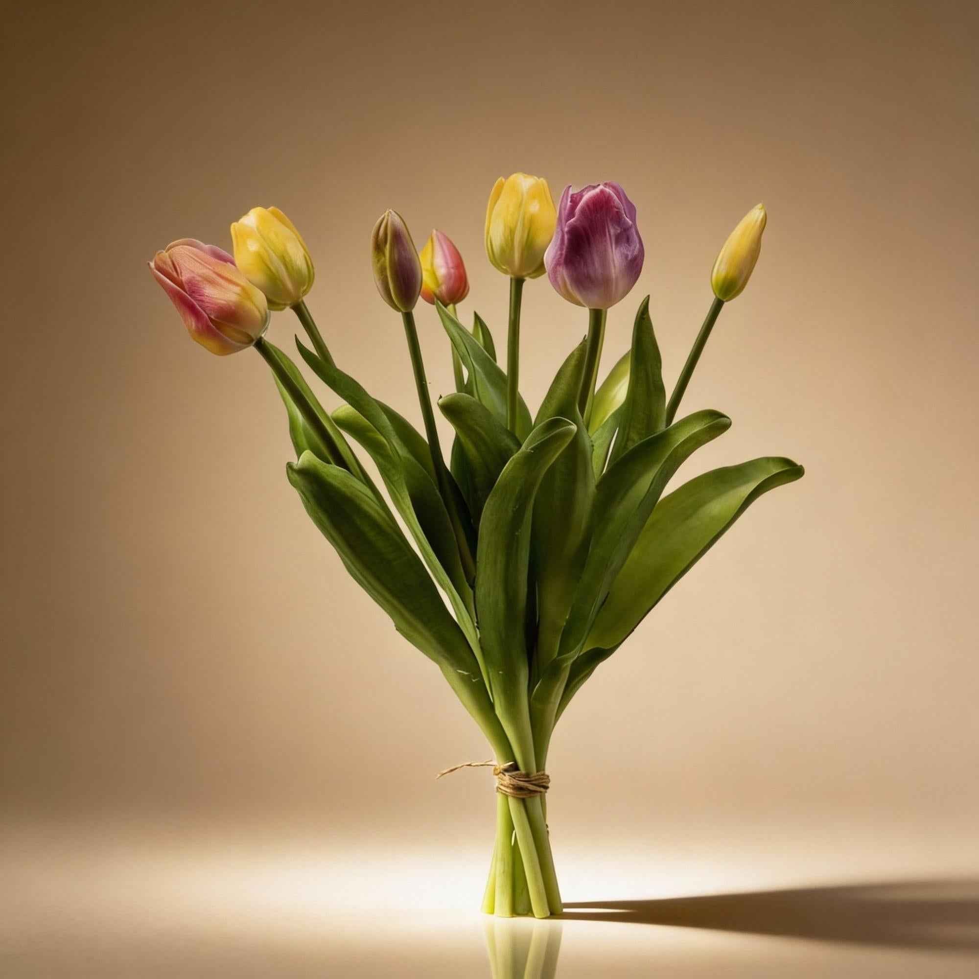 Image of Tulpenstrauß Sanfter Frühling Real Touch Kunsttulpen – 7 Stiele – 42cm – Pastell Kunstblumenstrauß in Gelb Rosa Flieder-2