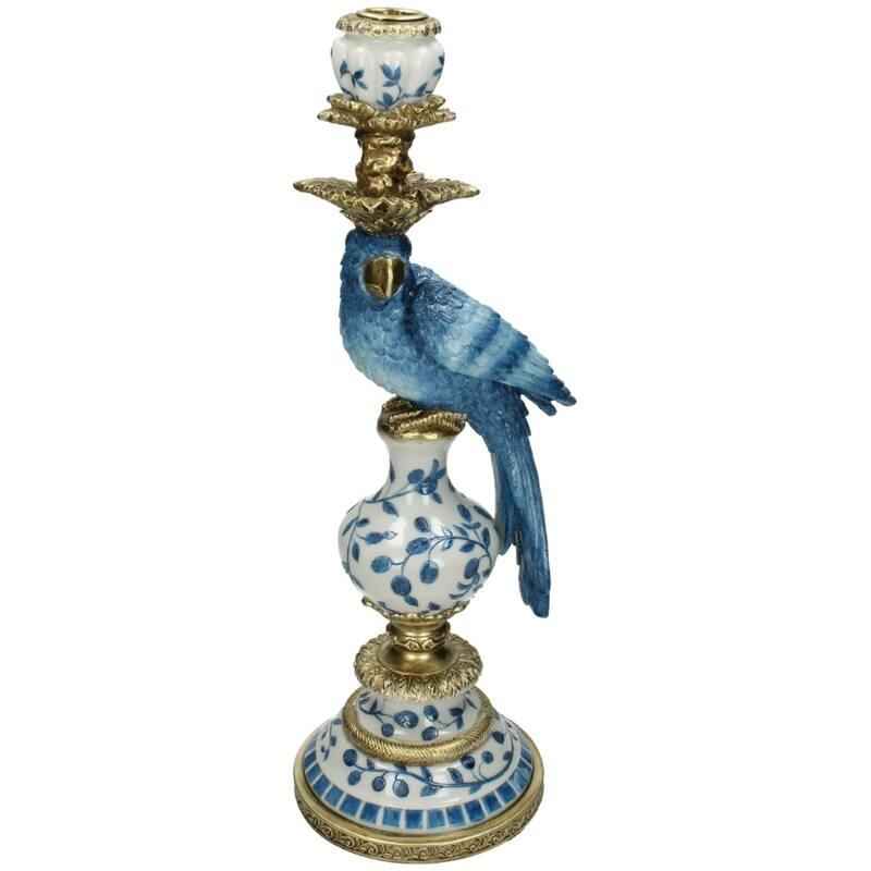 Image of Kerzenständer Holländischer Blaupapagei 40cm – Handbemalter Kerzenhalter aus Polystone – Dekoration im tropischen Stil – Porzellan – Fans