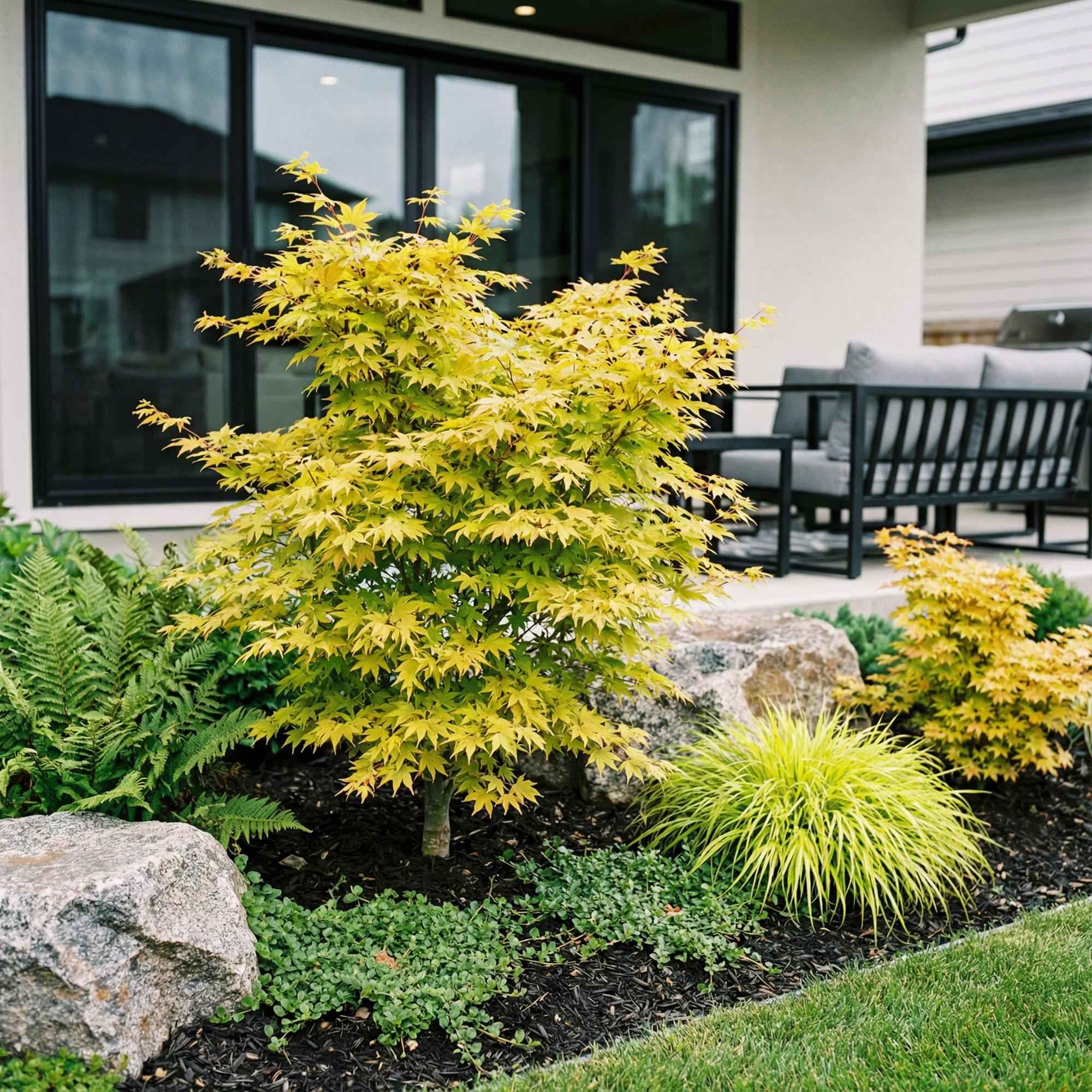 Image of Japanischer Ahorn Acer palmatum Jordan, laubabwerfende Gartenpflanze in Gelbgrün mit goldgelber Herbstfärbung, Zierahorn für Garten und Kübel,-1