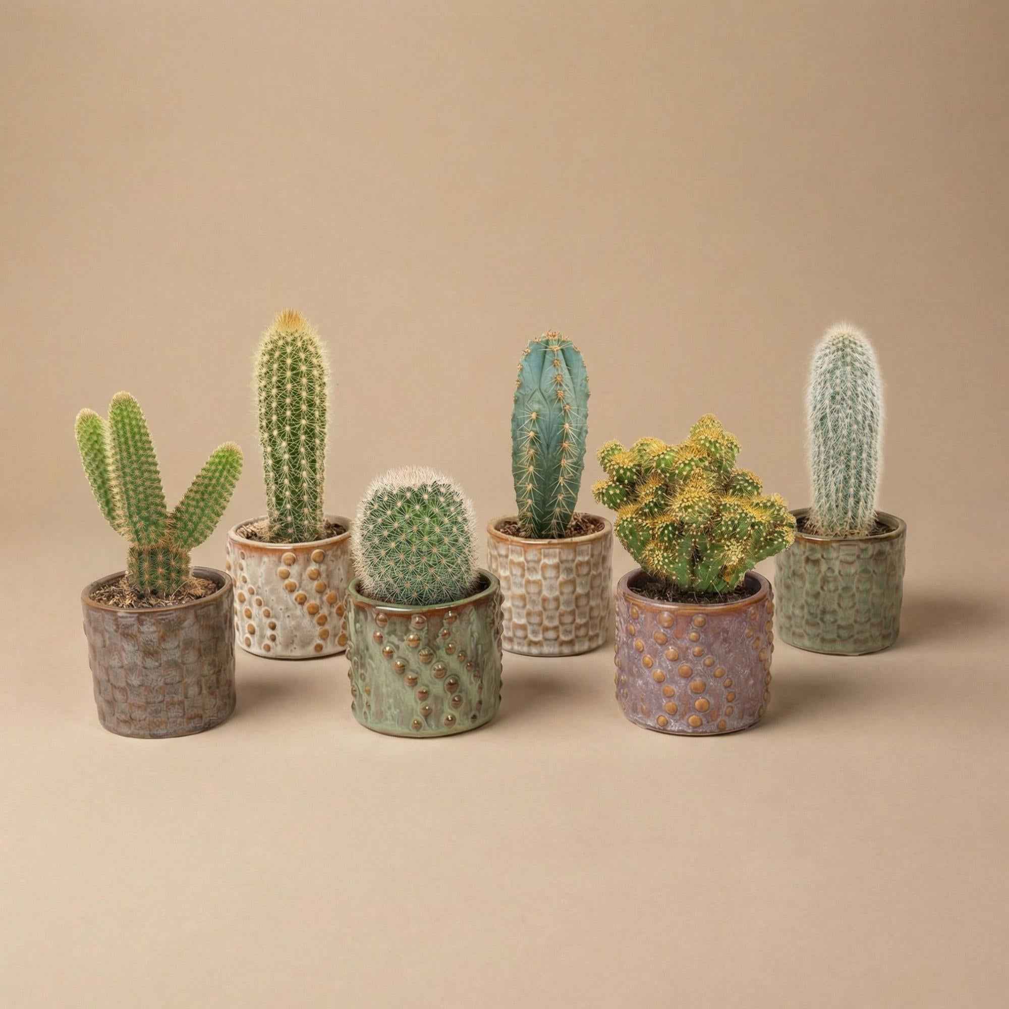 Image of Kaktus Set 6 Stück Madrid im Keramik Mini Topf – lebende Kakteen Mix Höhe ca.8-12cm – Dekotöpfe Ø7,2cm – Geschenkset