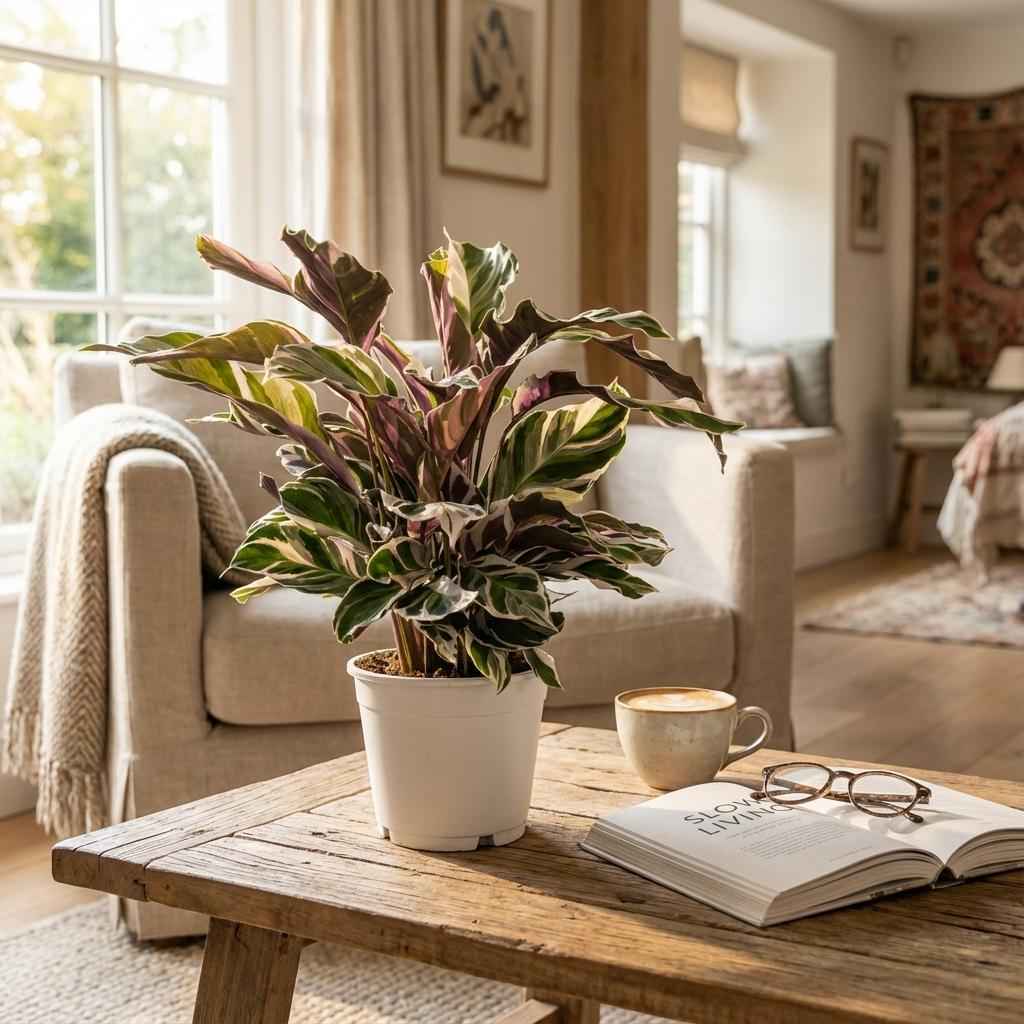 Image of Korbmarante Calathea Fusion White Ø14cm Höhe 35-40cm – Seltene Gebetspflanze mit weißen & lila Blättern – Exklusive Zimmerpflanze für Wohnraum-1