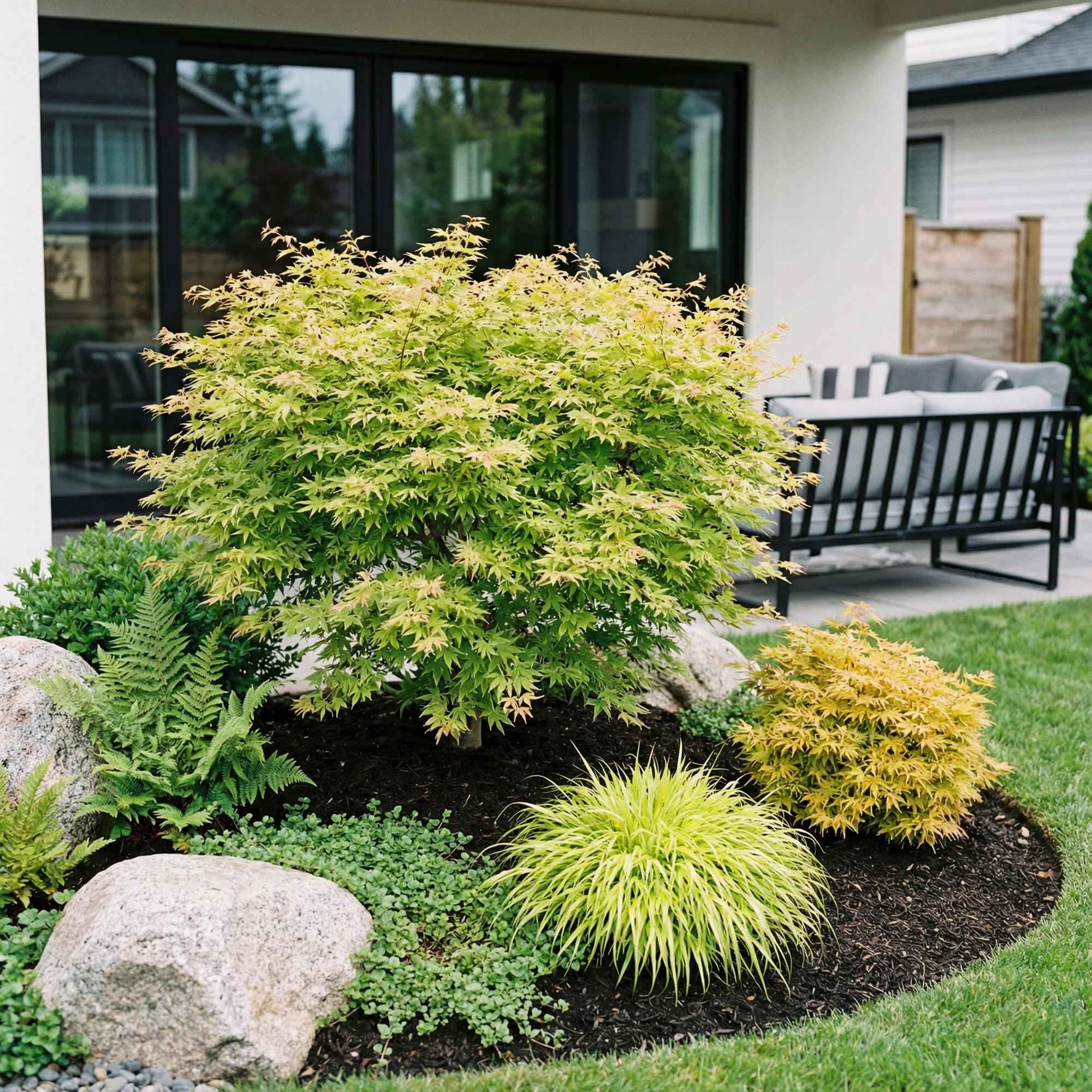 Image of Japanischer Ahorn Acer palmatum Metamorphosa, laubabwerfende Gartenpflanze in Grün und Orange, Zierahorn für Garten und Kübel, Ø26cm, 90cm hoch,