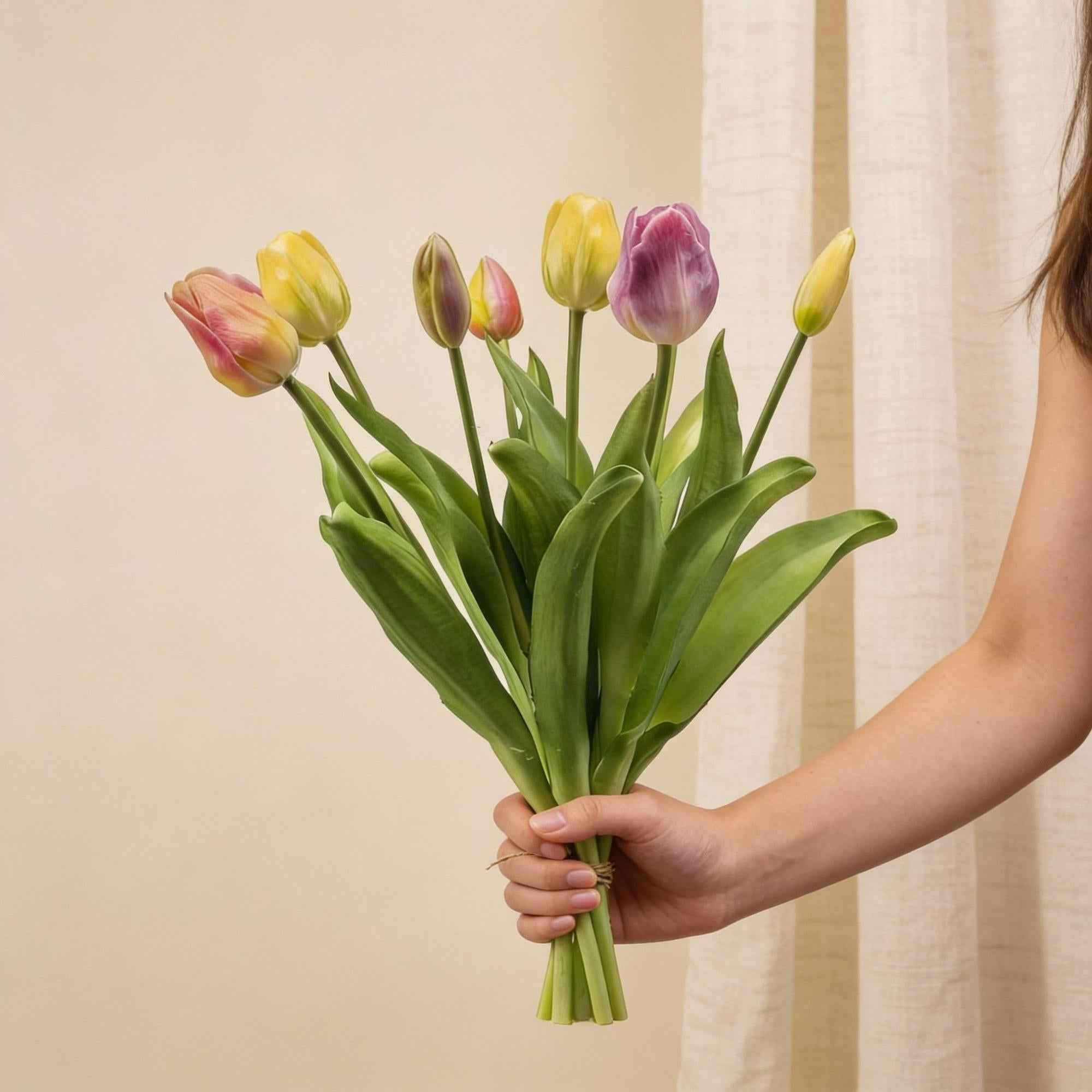 Image of Tulpenstrauß Sanfter Frühling Real Touch Kunsttulpen – 7 Stiele – 42cm – Pastell Kunstblumenstrauß in Gelb Rosa Flieder-1