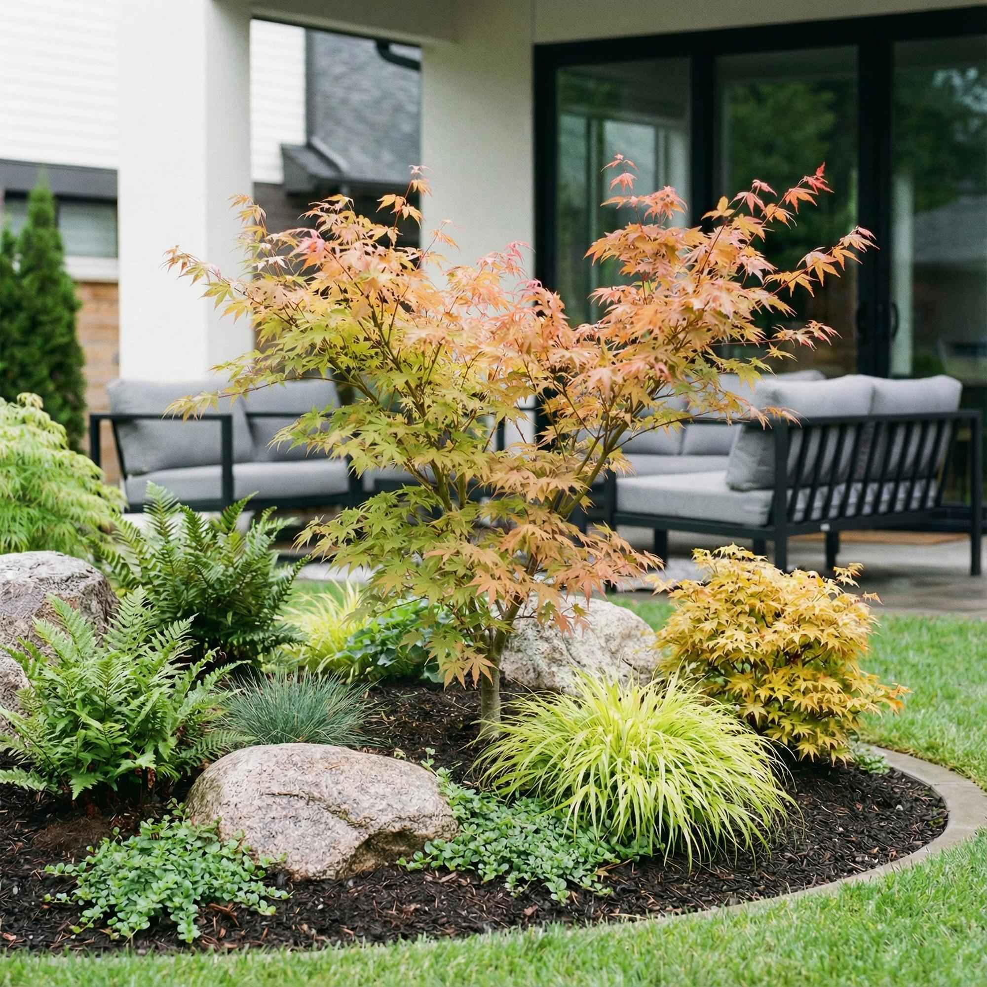 Image of Japanischer Ahorn Acer palmatum Katsura, laubabwerfende Gartenpflanze in Grün mit gelb orangem Austrieb, Zierahorn für Garten und Kübel, Ø26cm,