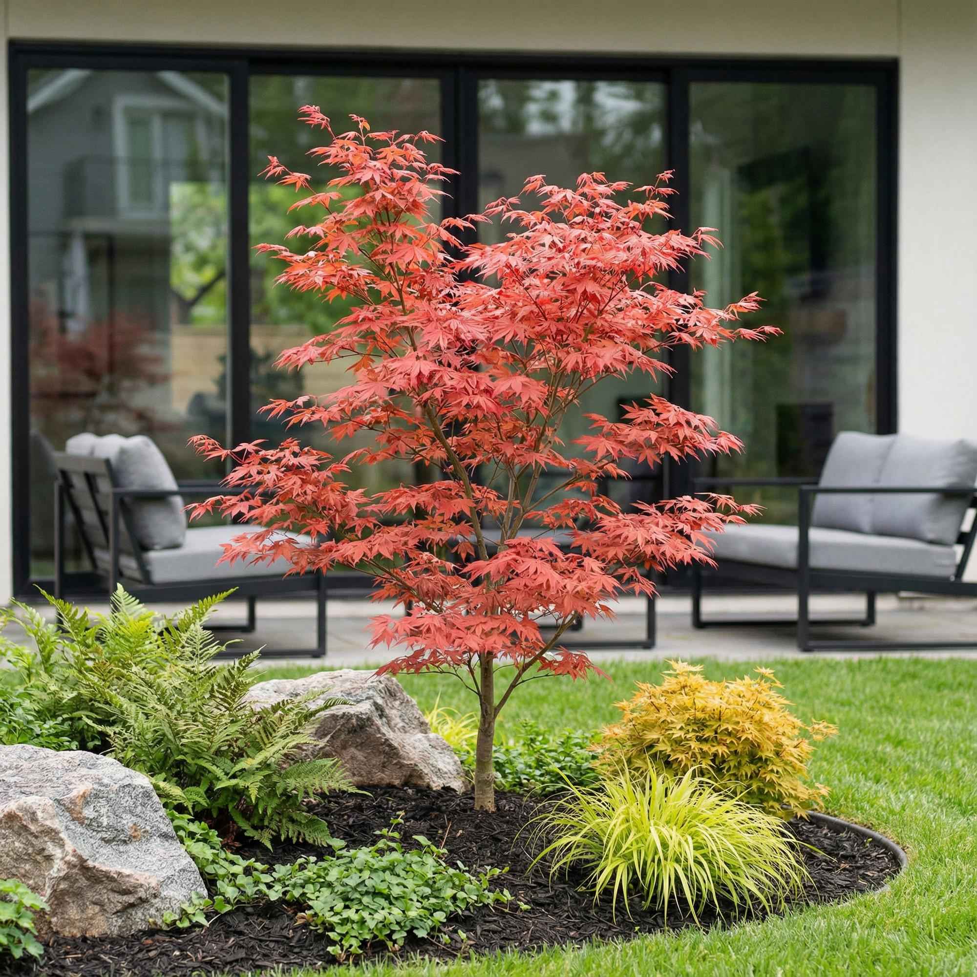 Image of Japanischer Ahorn Acer palmatum Atropurpureum, laubabwerfende Gartenpflanze in Purpurrot, Zierahorn für Garten und Kübel, Ø26cm, 90cm hoch, für-1