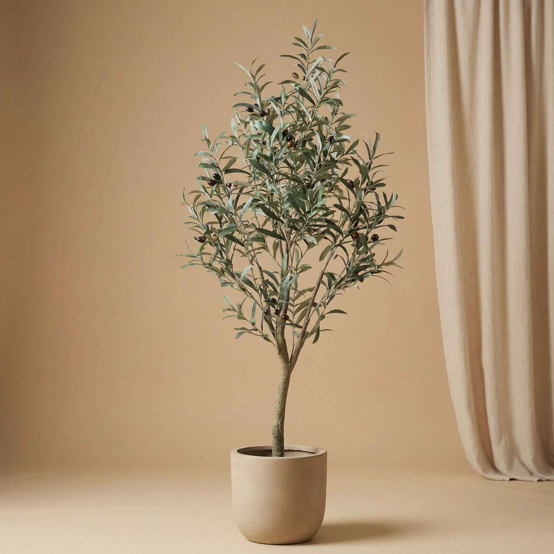 Image of Künstlicher Olivenbaum 140cm im Topf – realistische Kunstpflanze mit Oliven & grün – grauen Blättern – mediterrane Deko für Wohnzimmer, Flur & Büro-3