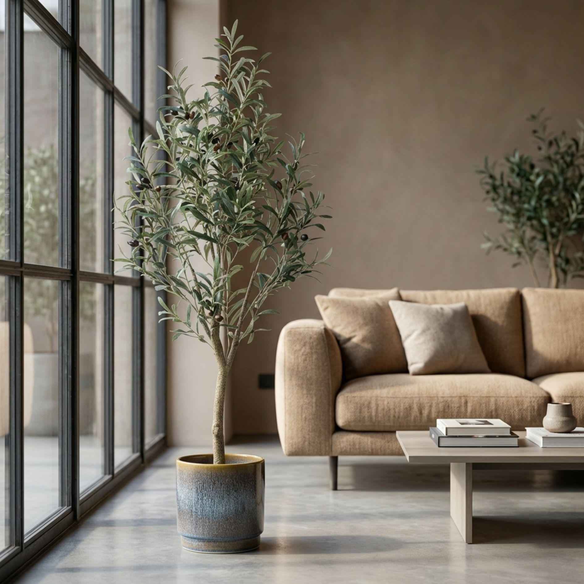 Image of Künstlicher Olivenbaum 140cm im Topf – realistische Kunstpflanze mit Oliven & grün – grauen Blättern – mediterrane Deko für Wohnzimmer, Flur & Büro-1