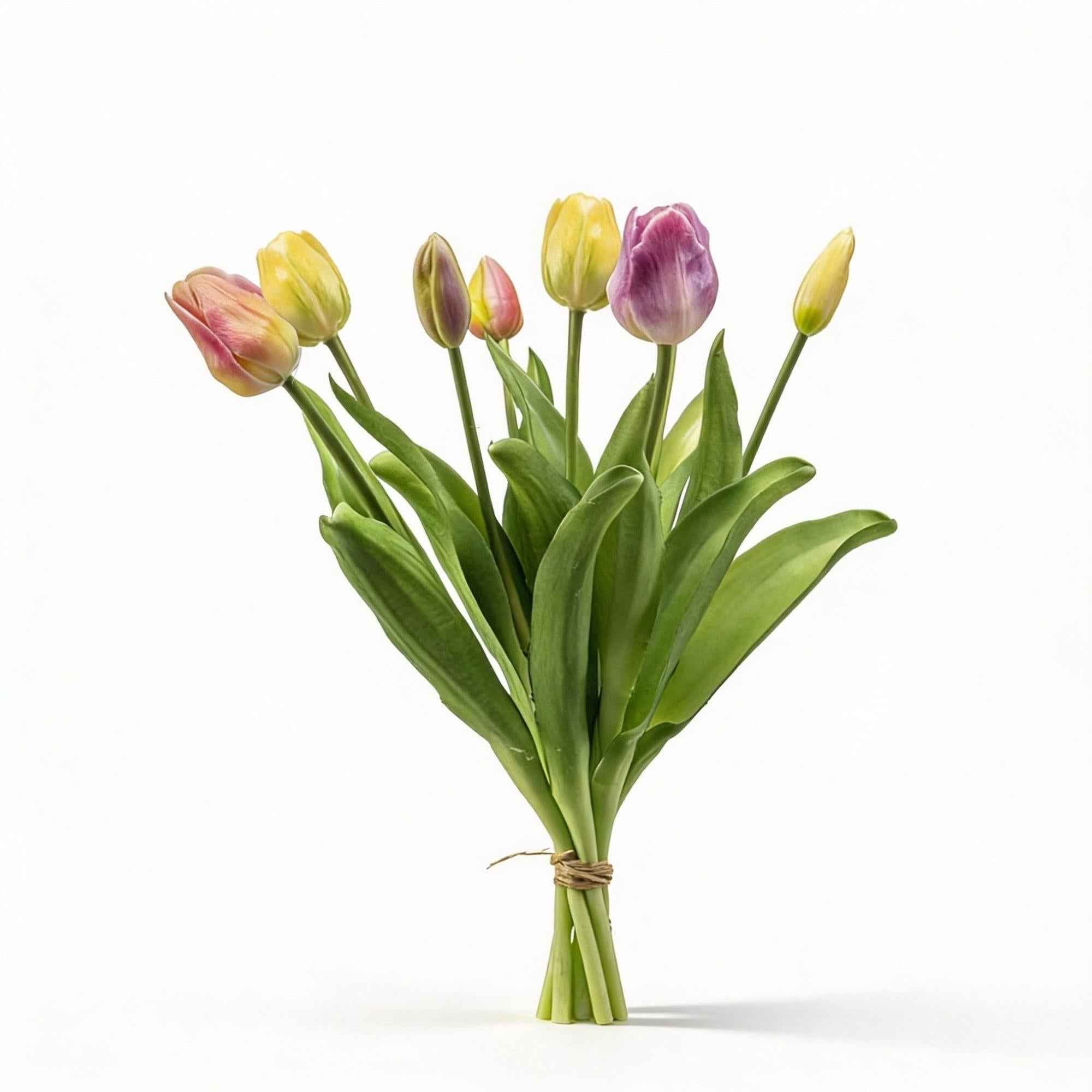 Image of Tulpenstrauß Sanfter Frühling Real Touch Kunsttulpen – 7 Stiele – 42cm – Pastell Kunstblumenstrauß in Gelb Rosa Flieder-0