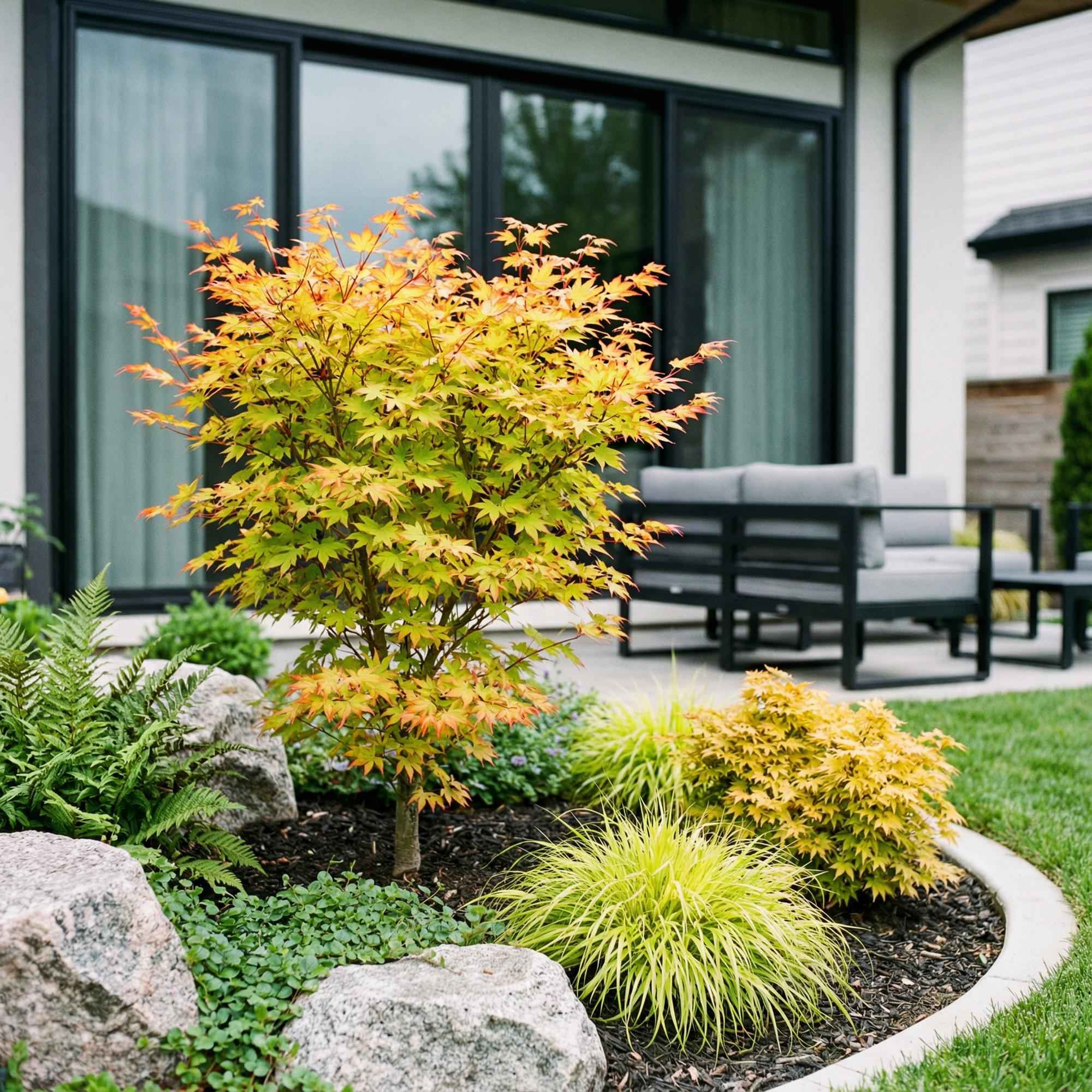 Image of Japanischer Ahorn Acer palmatum Summergold, laubabwerfende Gartenpflanze in Gelb, Zierahorn für Garten und Kübel, Ø26cm, 90cm hoch, für-0