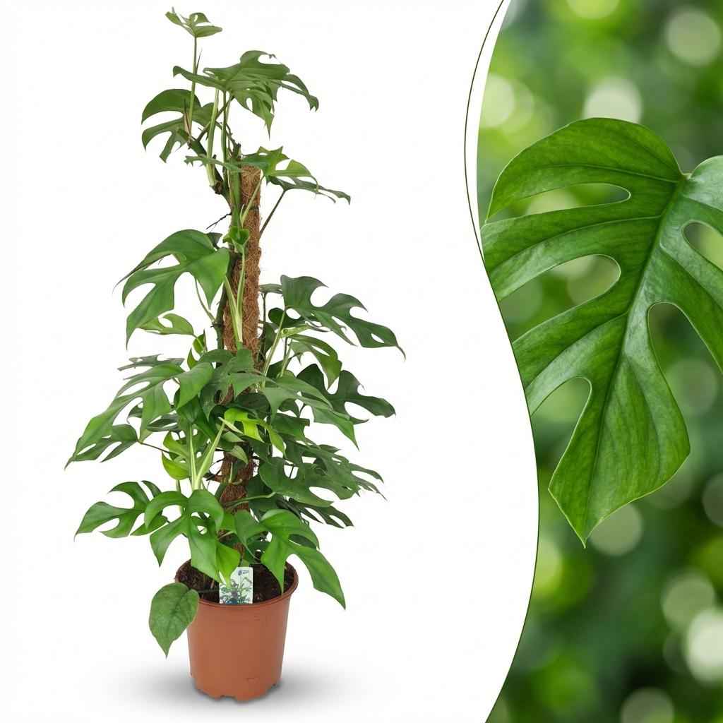 Image of Monstera Minima am Moosstab grün 90cm 19cm Zimmerpflanze pflegeleicht Kletterpflanze mit dekorativen geschlitzten Blättern für Zimmer & Büro
