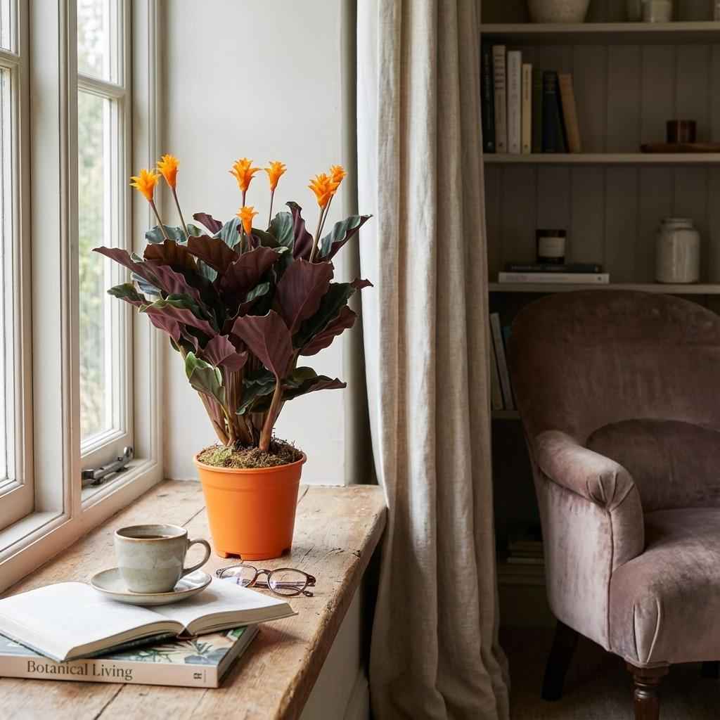 Image of Korbmarante Calathea Crocata – Ø14cm – Höhe 40-45cm – Orange Blüten – Tropische Zimmerpflanze für Wohnraum Büro & schattige Standorte-1