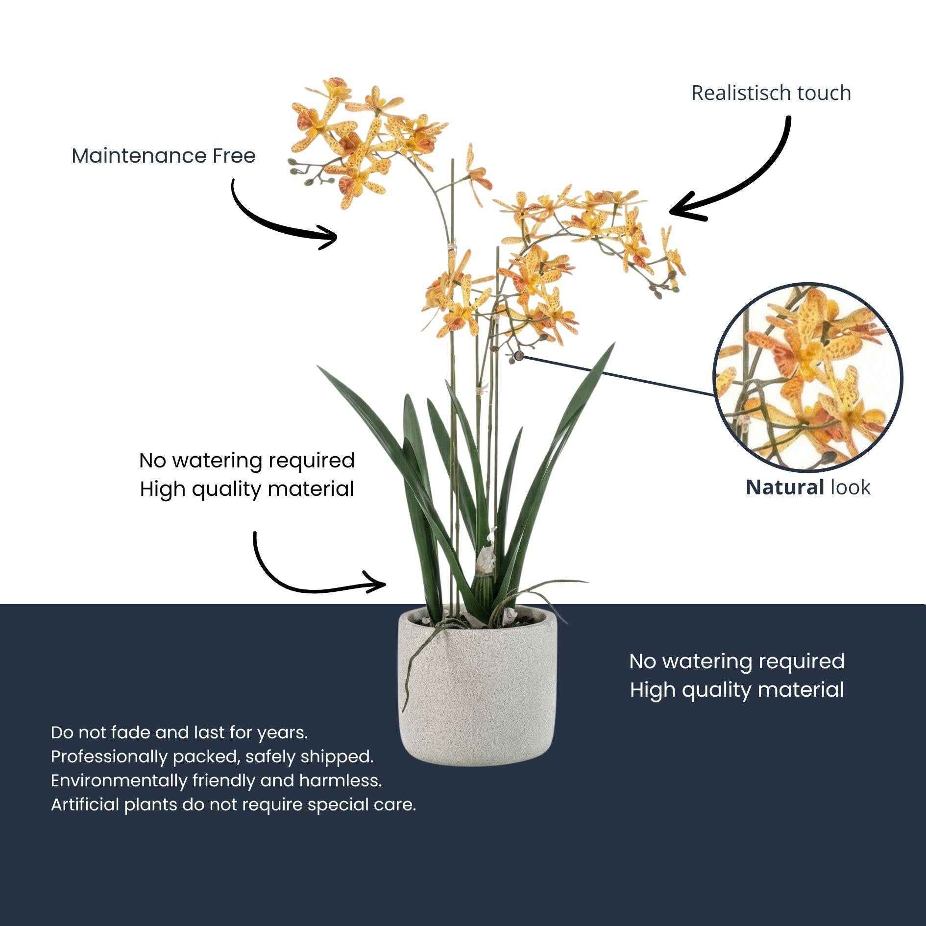 Image of Renanthera Orchidee künstlich 56cm im Topf – gelb orange blühende Kunstpflanze im grauen Topf-2