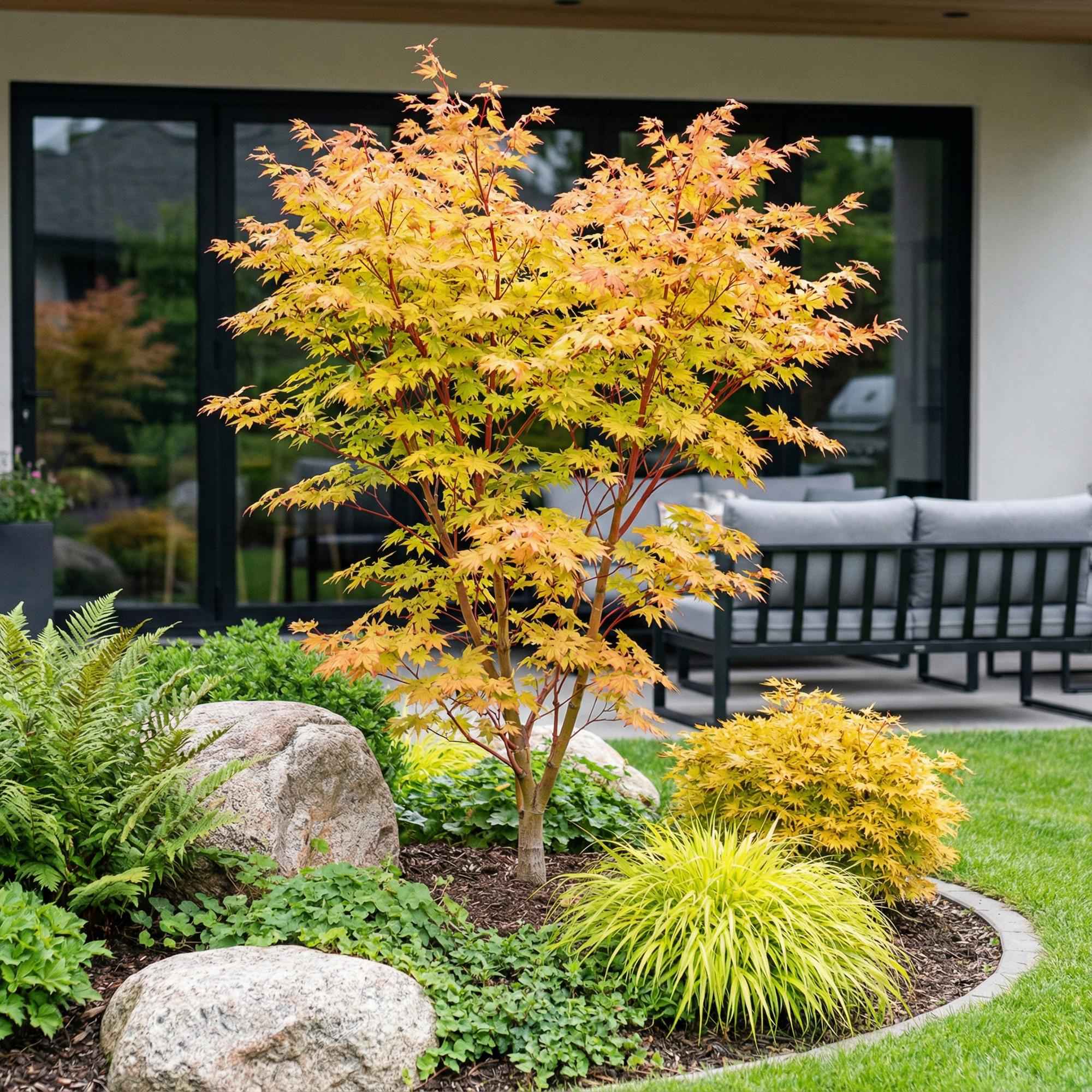 Image of Japanischer Ahorn Acer palmatum Sangokaku, laubabwerfende Gartenpflanze in Grün mit orange roter Herbstfärbung, Zierahorn für Garten und Kübel,-0