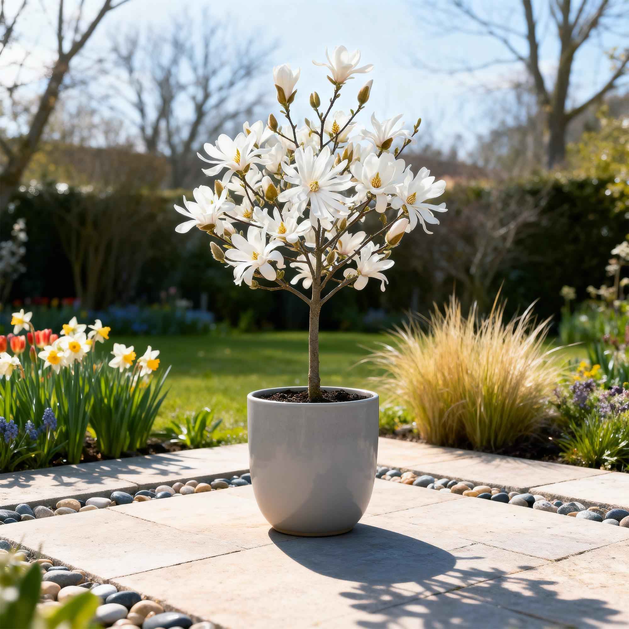 Image of Sternmagnolie Magnolia stellata – 19cm Höhe ca.90cm – Weiß blühend – Laubabwerfend & winterhart – Elegante Magnolie für Beet Balkon Terrasse