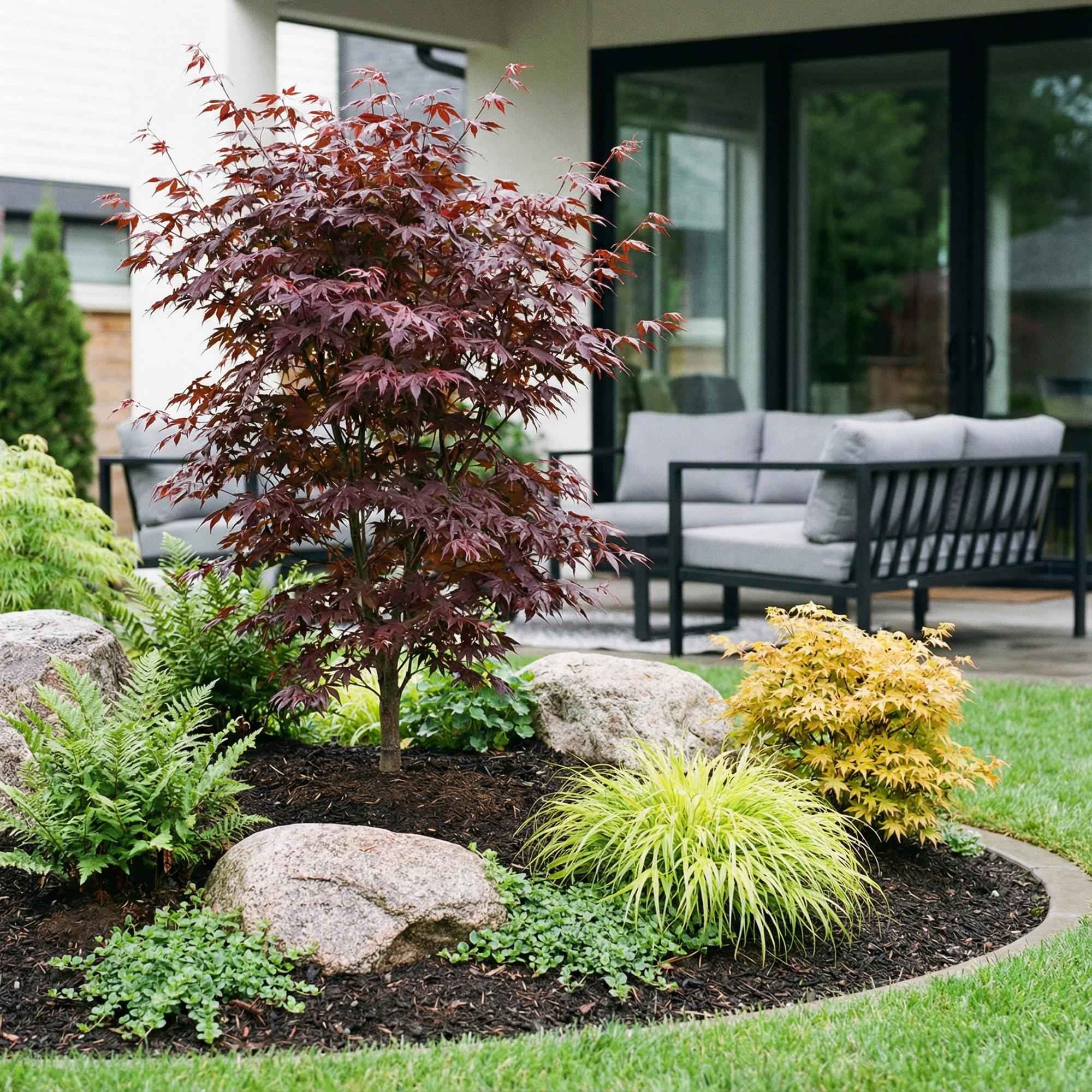 Image of Japanischer Ahorn Acer palmatum Bloodgood, rote laubabwerfende Gartenpflanze, Zierahorn für Garten und Kübel, Ø26cm, 90cm hoch, für sonnige bis-1