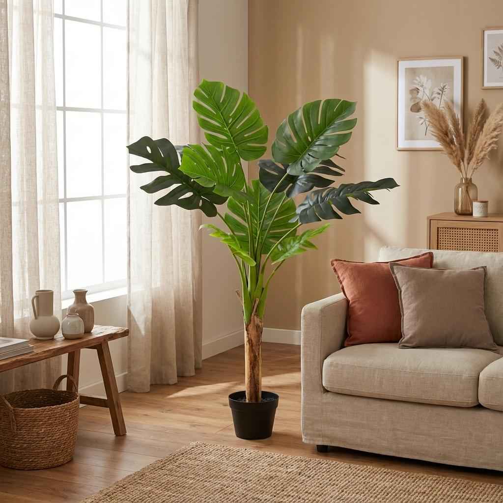 Image of Monstera Deliciosa Kunstpflanze 120cm – Große Fensterblatt Deko Pflanze – Pflegefreie Zimmerpflanze für Wohnzimmer Büro & Empfangsbereich-2