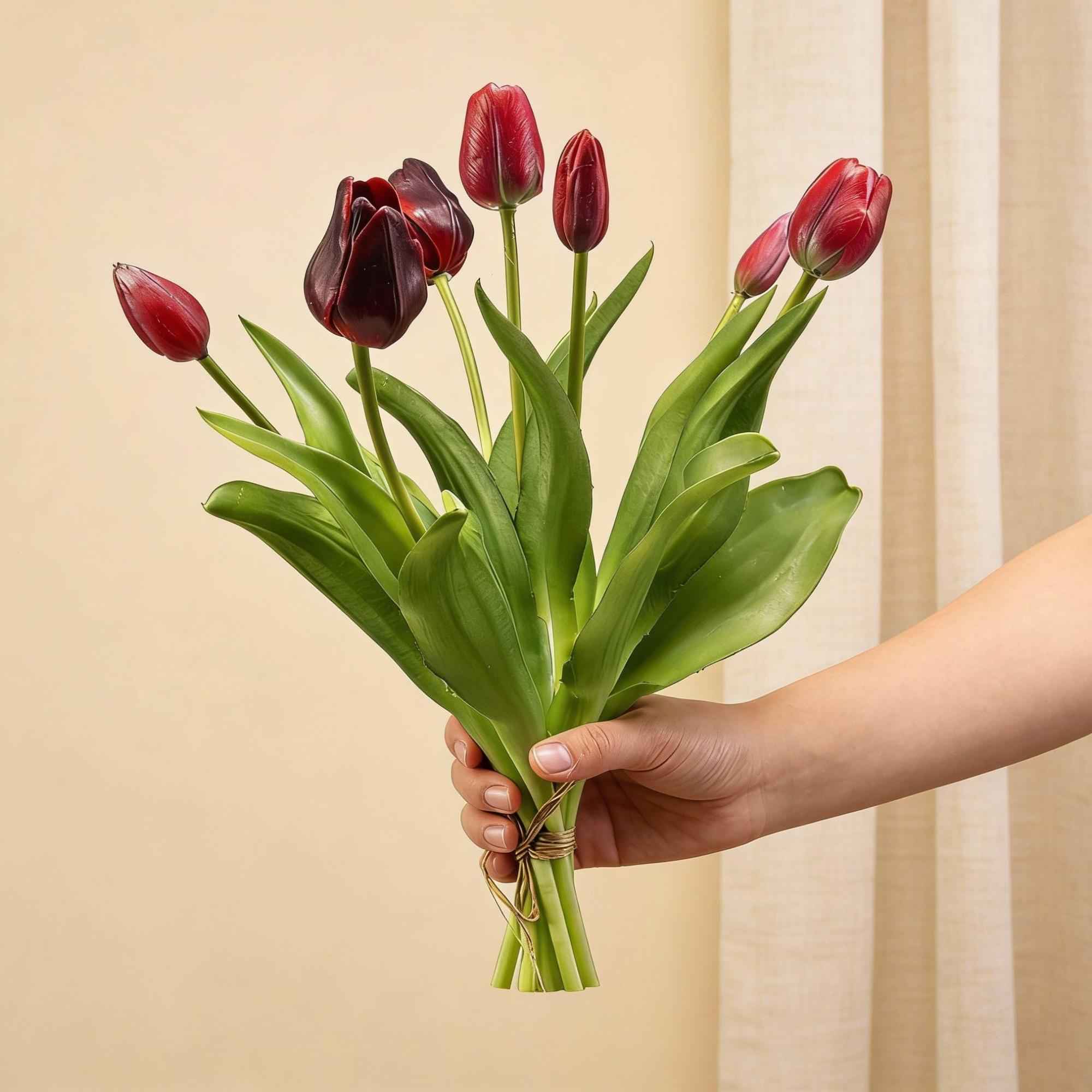 Image of Tulpenstrauß Dunkelrot Real Touch Kunsttulpen – 7 Stiele – 42cm – Kunstblumenstrauß in Bordeaux – Optik-1