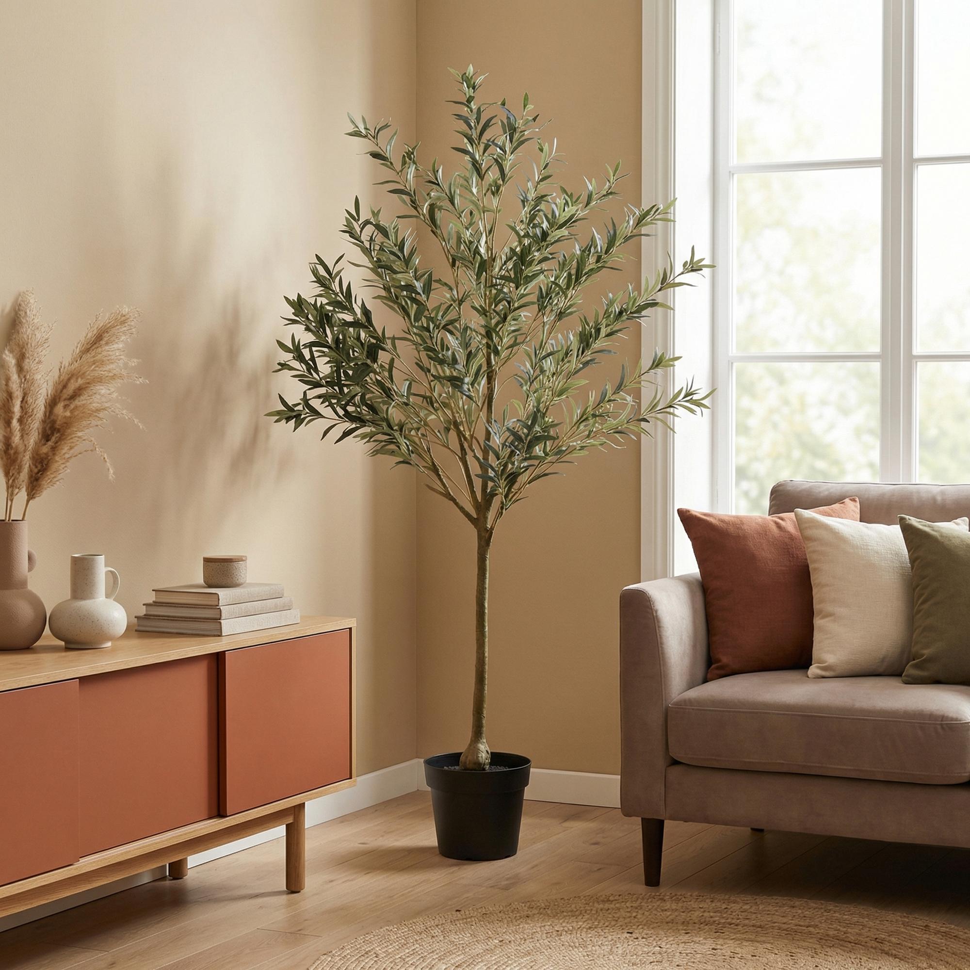 Image of Kunstpflanze Olivenbaum 170cm – realistischer künstlicher Deko – Baum im Topf für Wohnzimmer & Büro – mediterranes Ambiente ganzjährig, pflegeleicht-1