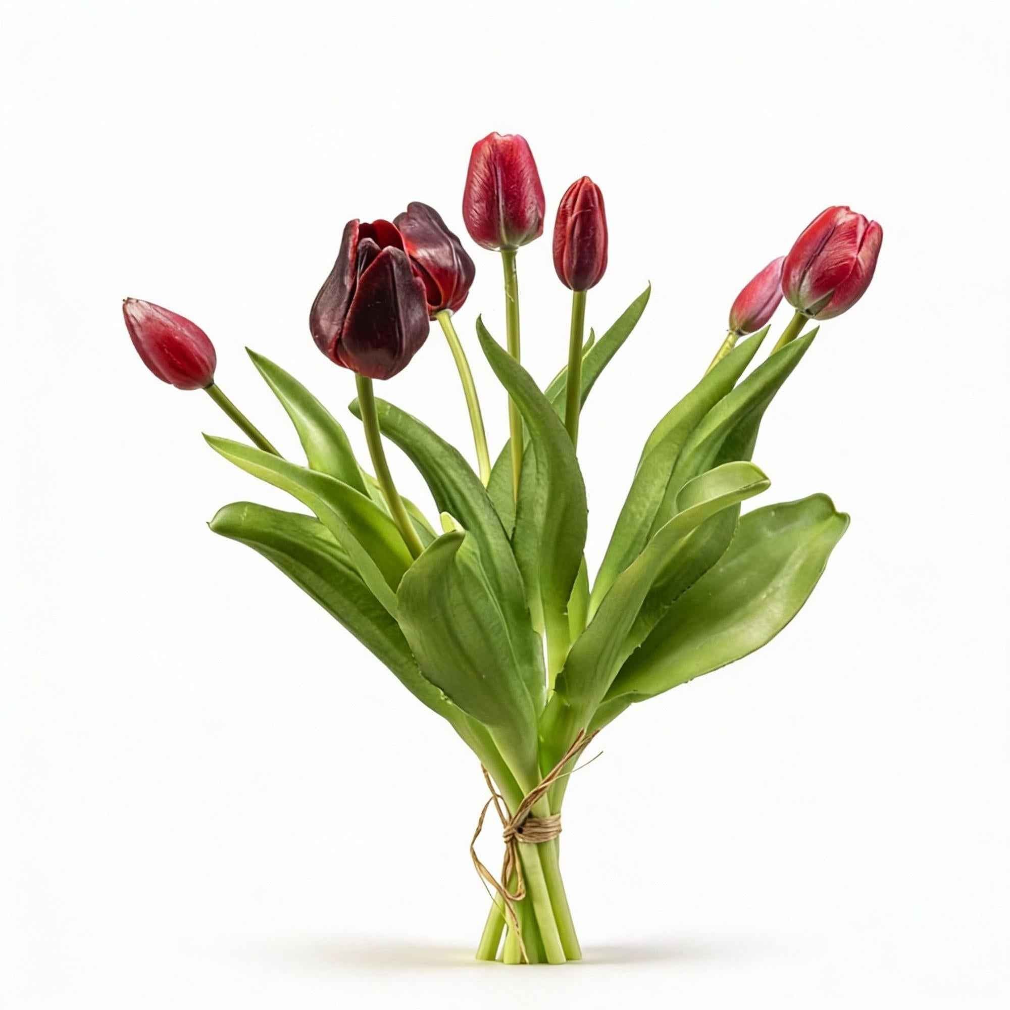 Image of Tulpenstrauß Dunkelrot Real Touch Kunsttulpen – 7 Stiele – 42cm – Kunstblumenstrauß in Bordeaux – Optik-0