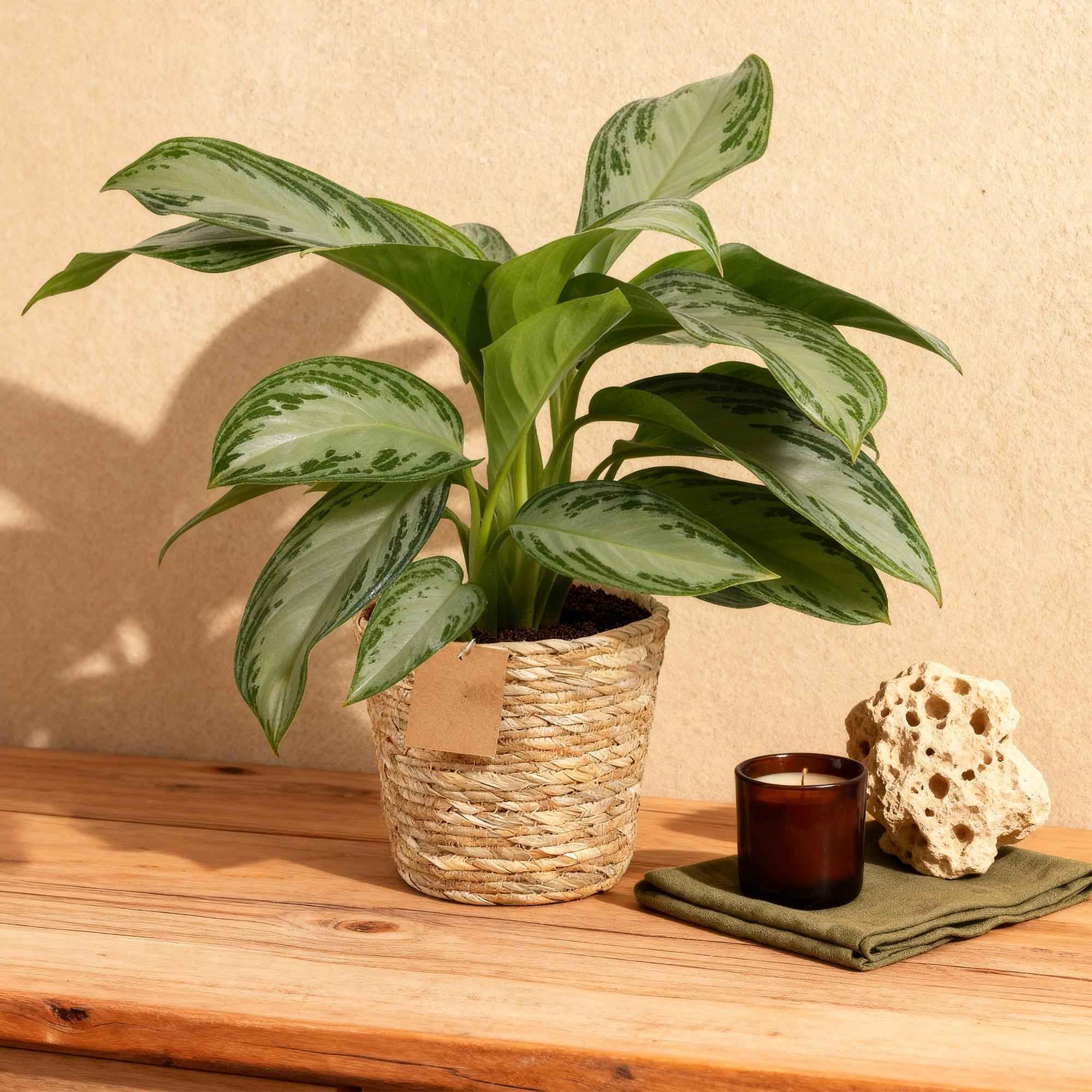 Image of Aglaonema Silver Bay – 70-75cm – 17cm inkl. Naturkorb – Pflegeleichte silbergrüne Zimmerpflanze-3