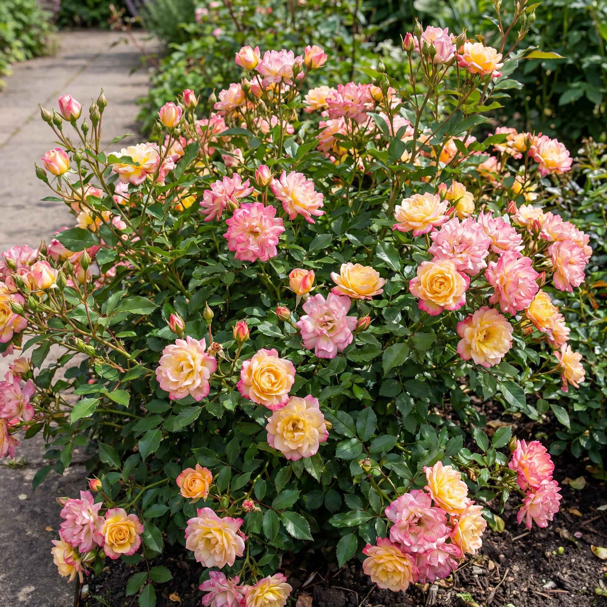 Image of Rose Rosa Tricolor Fairy winterhart gelb rosa 20-25cm 12cm für Garten Balkon Terrasse Beet mehrfarbige Beetrose dauerblühend bienenfreundlich-3