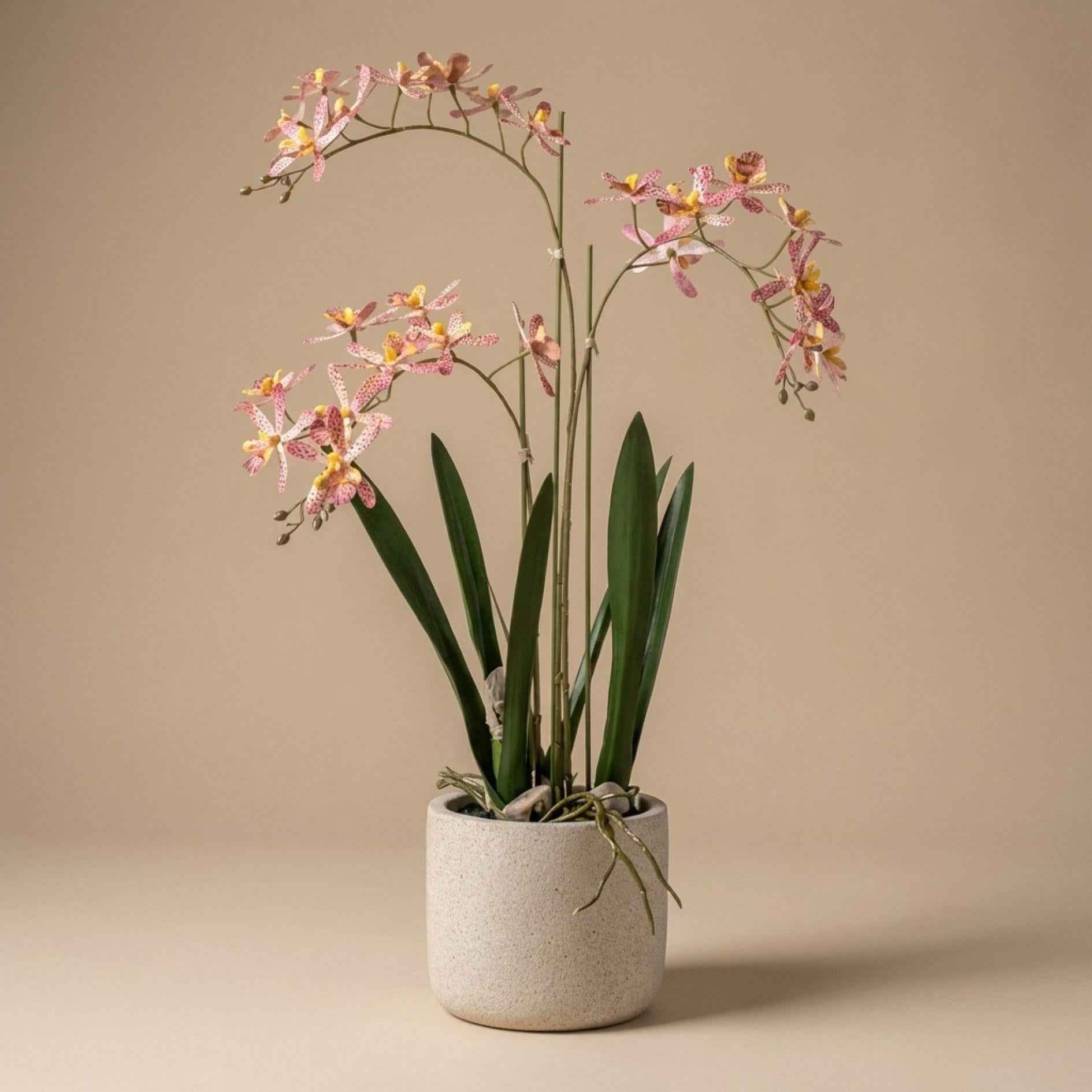 Image of Künstliche Renanthera Orchidee 56cm im Topf – gelb orange blühende Kunstpflanze im grauen Topf-0