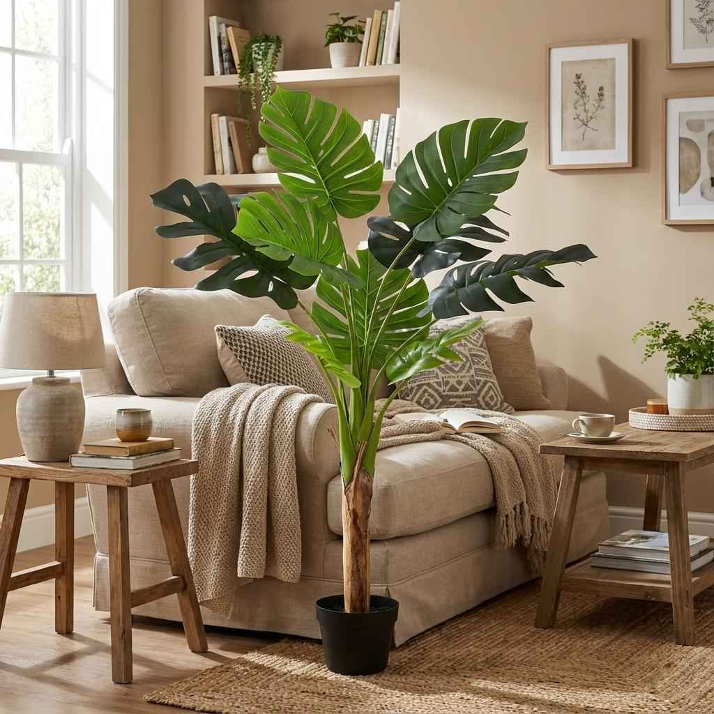 Image of Monstera Deliciosa Kunstpflanze 120cm – Große Fensterblatt Deko Pflanze – Pflegefreie Zimmerpflanze für Wohnzimmer Büro & Empfangsbereich-3