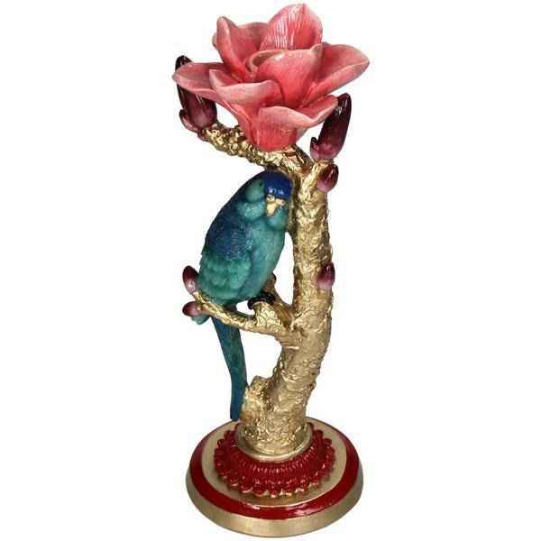 Image of Kerzenständer aus Kunststein – Vogel & Blume – Kerzenhalter Polyresin – 27cm – Dekorativer Kerzenständer mit blauem Vogel und roter Rose-0