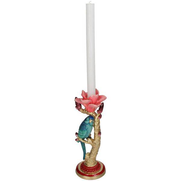 Image of Kerzenständer aus Kunststein – Vogel & Blume – Kerzenhalter Polyresin – 27cm – Dekorativer Kerzenständer mit blauem Vogel und roter Rose-1