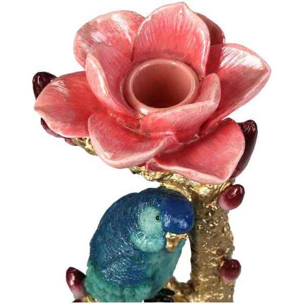 Image of Kerzenständer aus Kunststein – Vogel & Blume – Kerzenhalter Polyresin – 27cm – Dekorativer Kerzenständer mit blauem Vogel und roter Rose-2