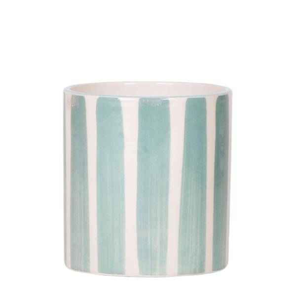 Image of Topf Gemalter Streifen – Türkis – Ø9cm – Mediterraner Keramik Blumentopf mit Streifenmuster – Übertopf aus der Mediterranean Sunset Kollektion-0