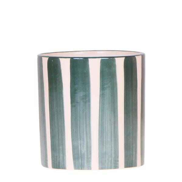 Image of Topf – Bemalter Streifen – Grün – Ø9cm – Keramik Übertopf im mediterranen Stil – Handbemalter Blumentopf aus der Mediterranean Sunset Kollektion
