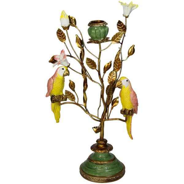 Image of Kerzenständer Blätter mit Vögeln – Bronzeton – Deko für Innen & Außen – ↑33cm – Naturinspirierter Metall – Polyresin – Mix – Bunte Vögel auf Zweigen